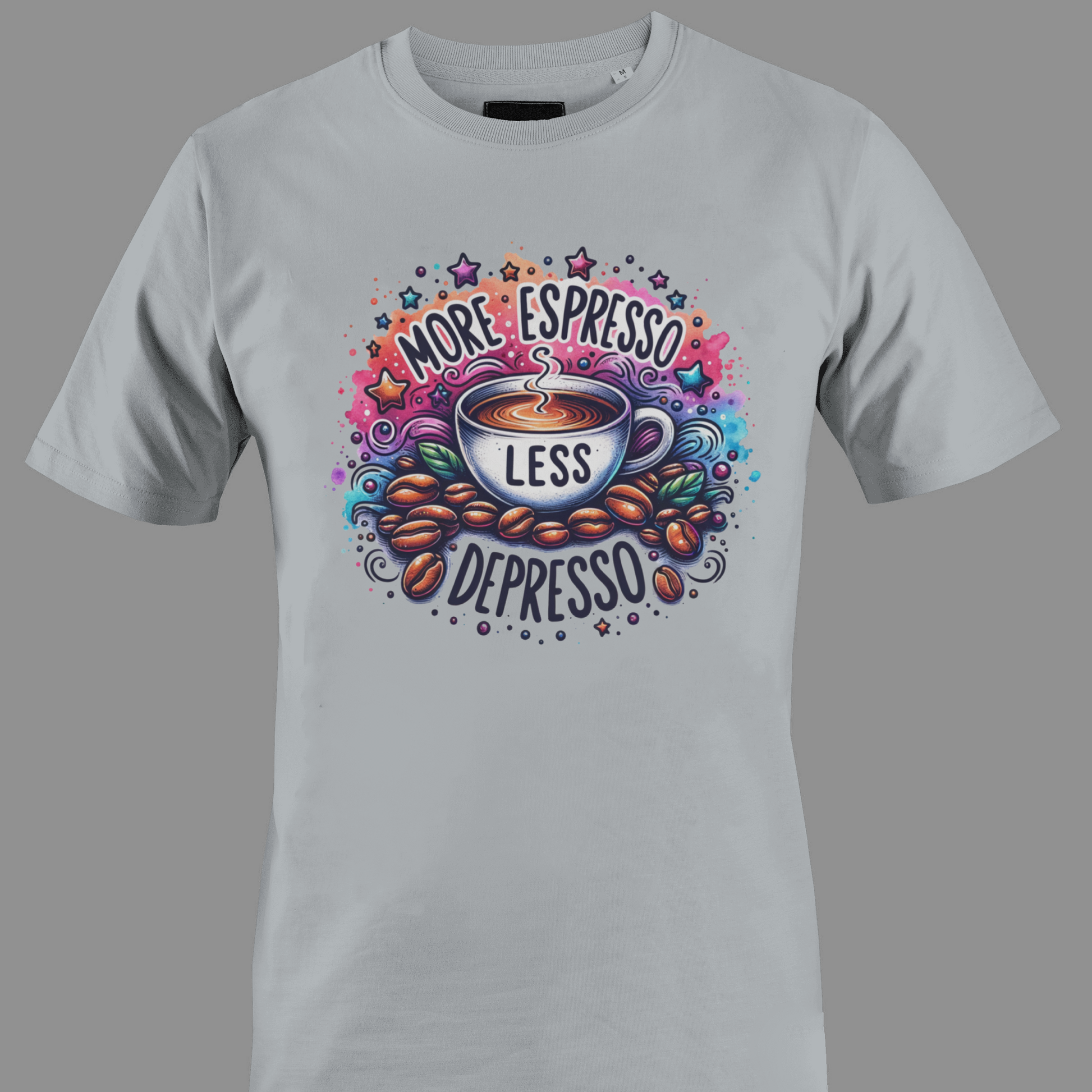 Light gray  t-shirt with coffee-themed graphic and text more espresso less depresso