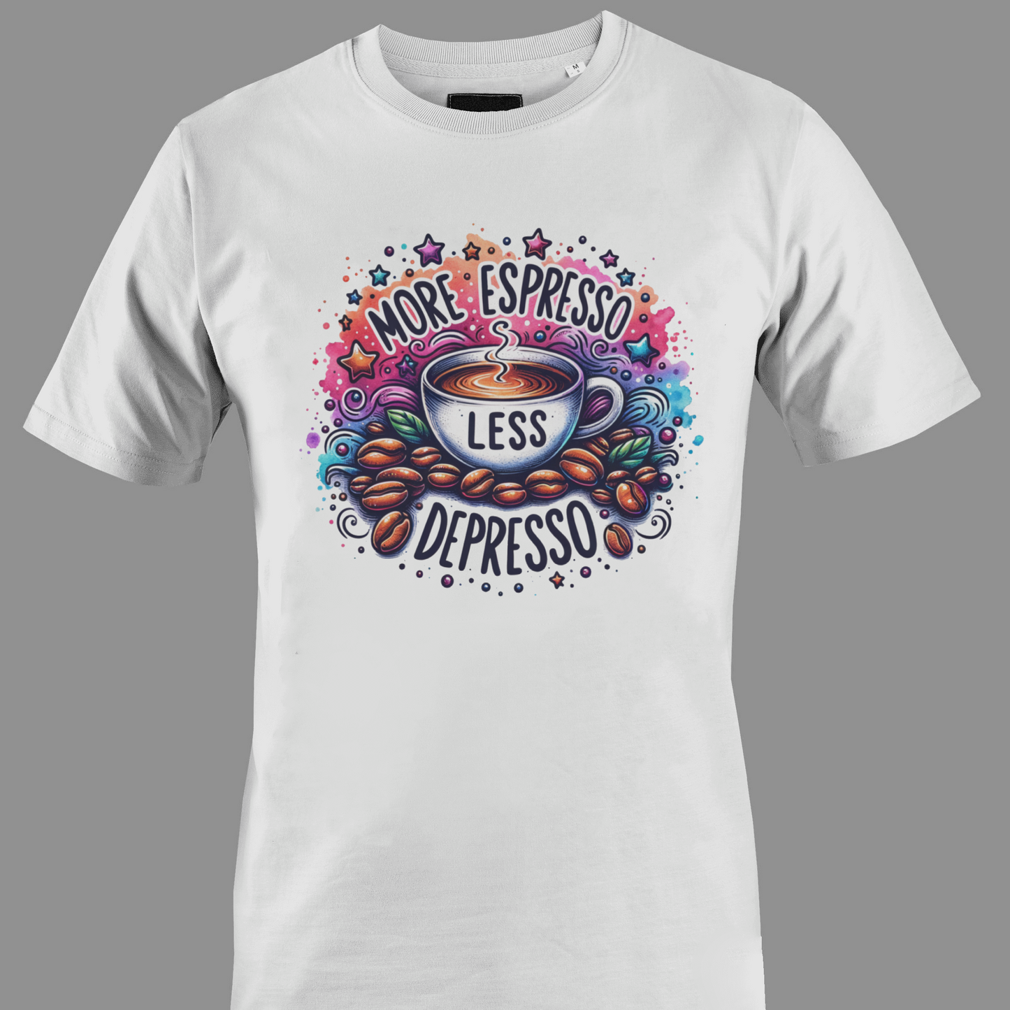White t-shirt with coffee-themed graphic and text more espresso less depresso