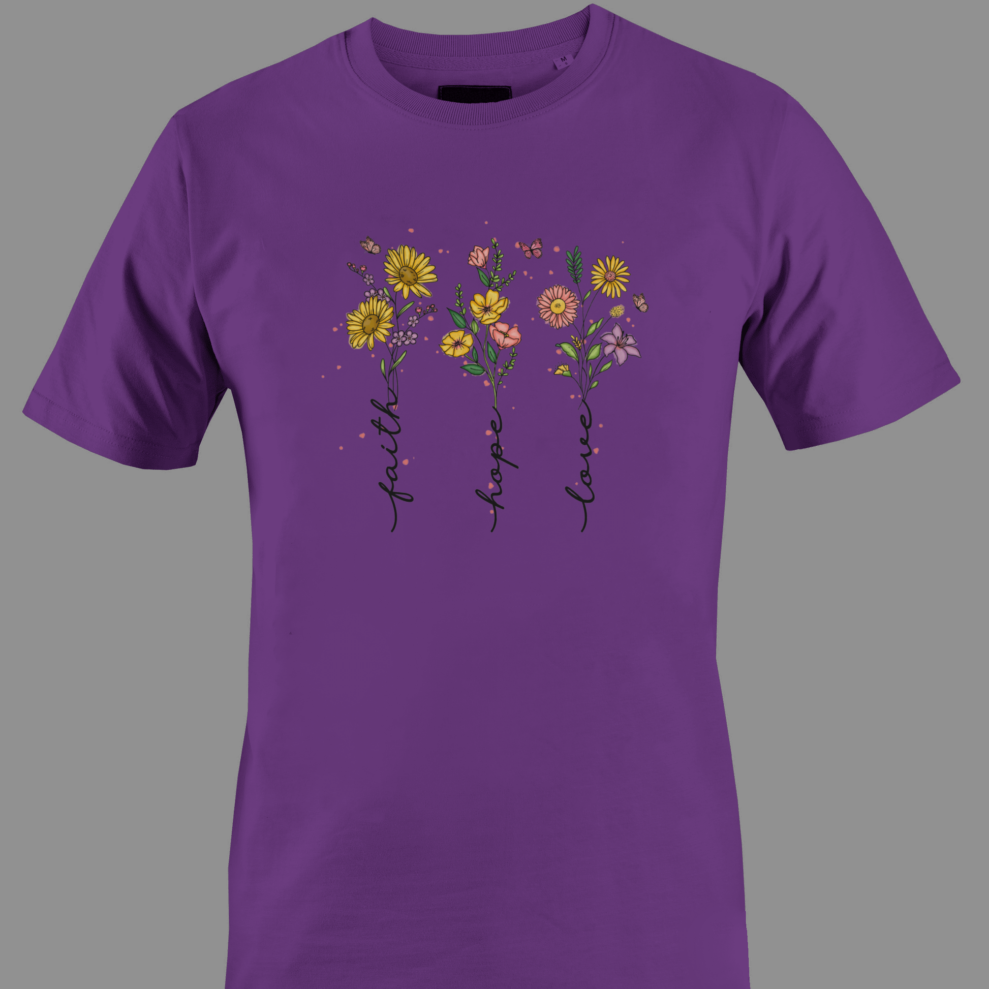 Dark purple t-shirt with flowers with stem text 'faith', 'hope', and 'love' 