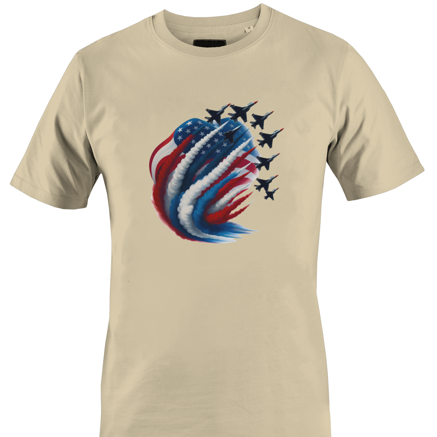 Beige t-shirt with a graphic design of an American flag and fighter jets 