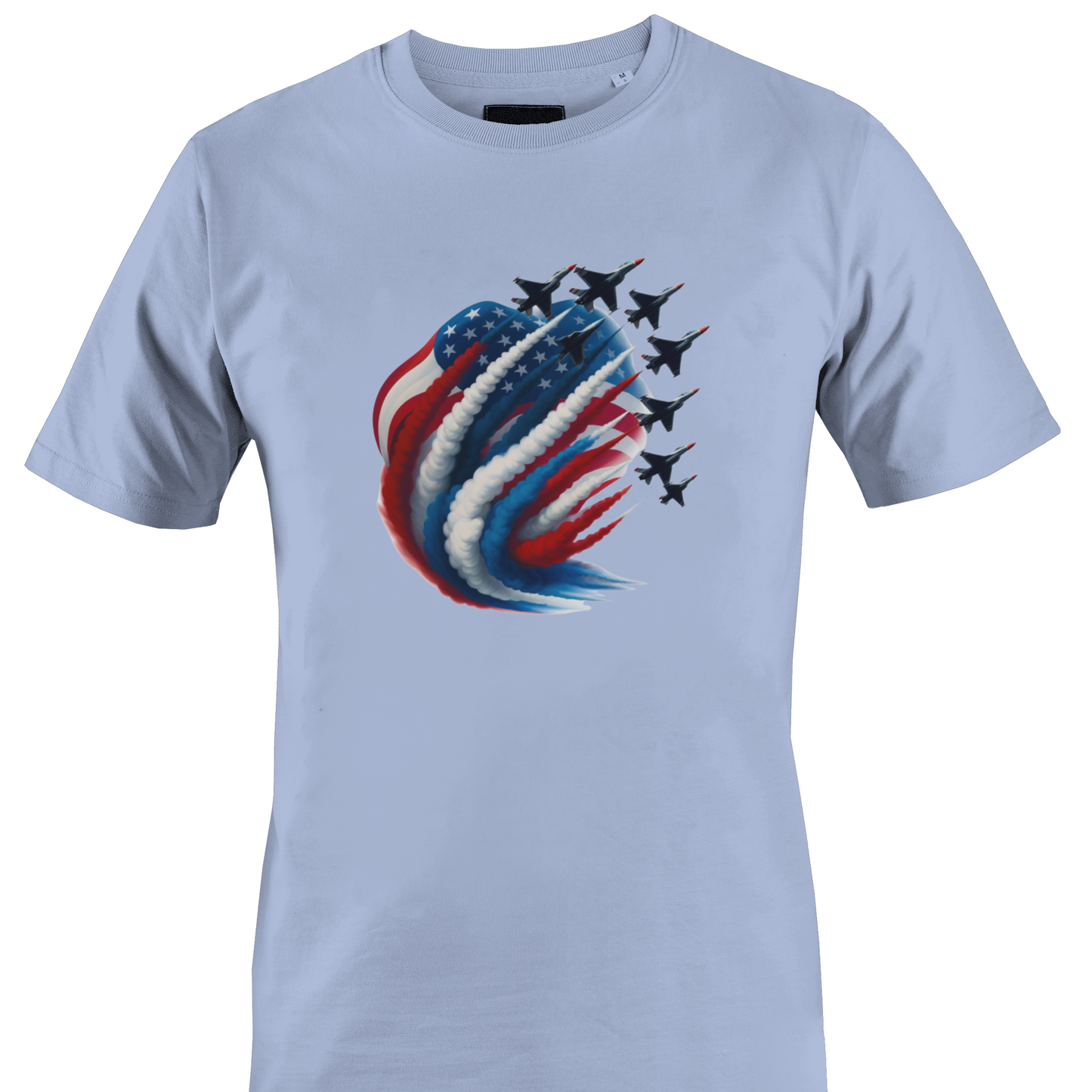 Light blue t-shirt with a graphic design of an American flag and fighter jets 