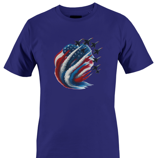 Royal blue t-shirt with a graphic design of an American flag and fighter jets 