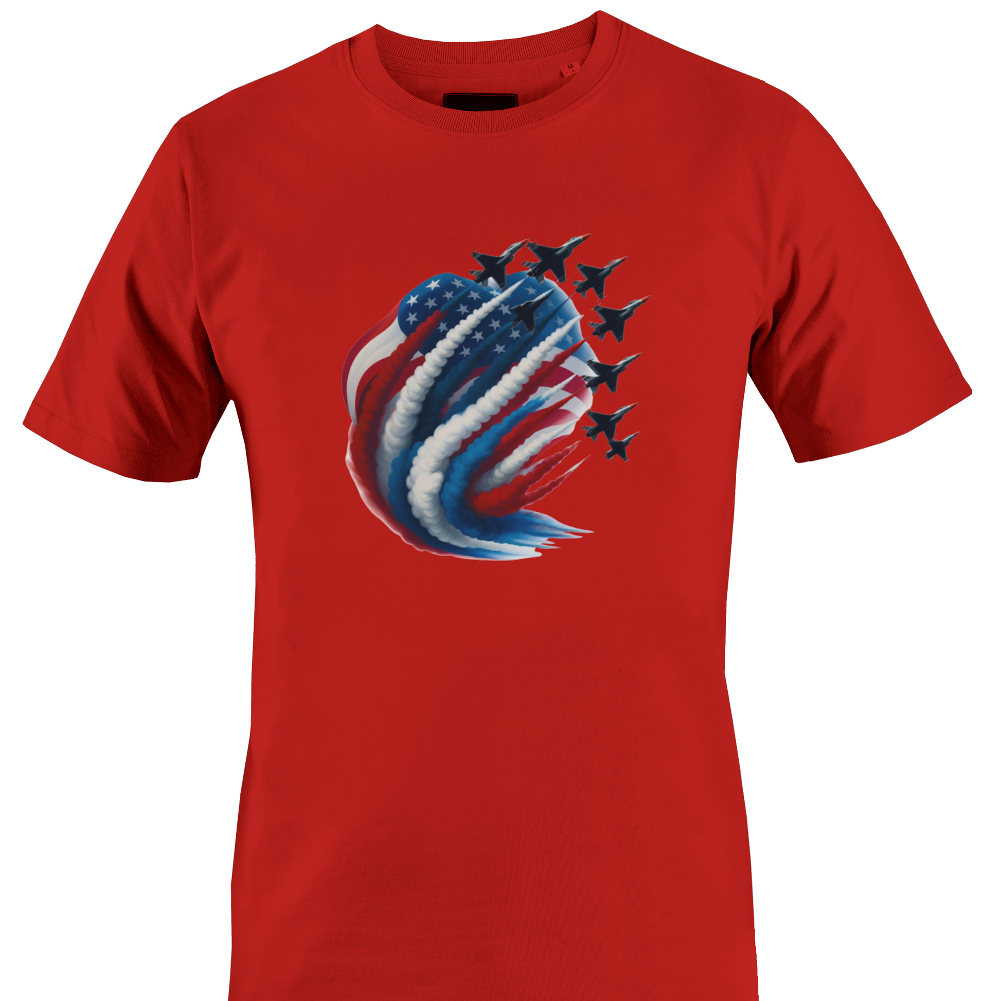 Red t-shirt with a graphic design of an American flag and fighter jets 