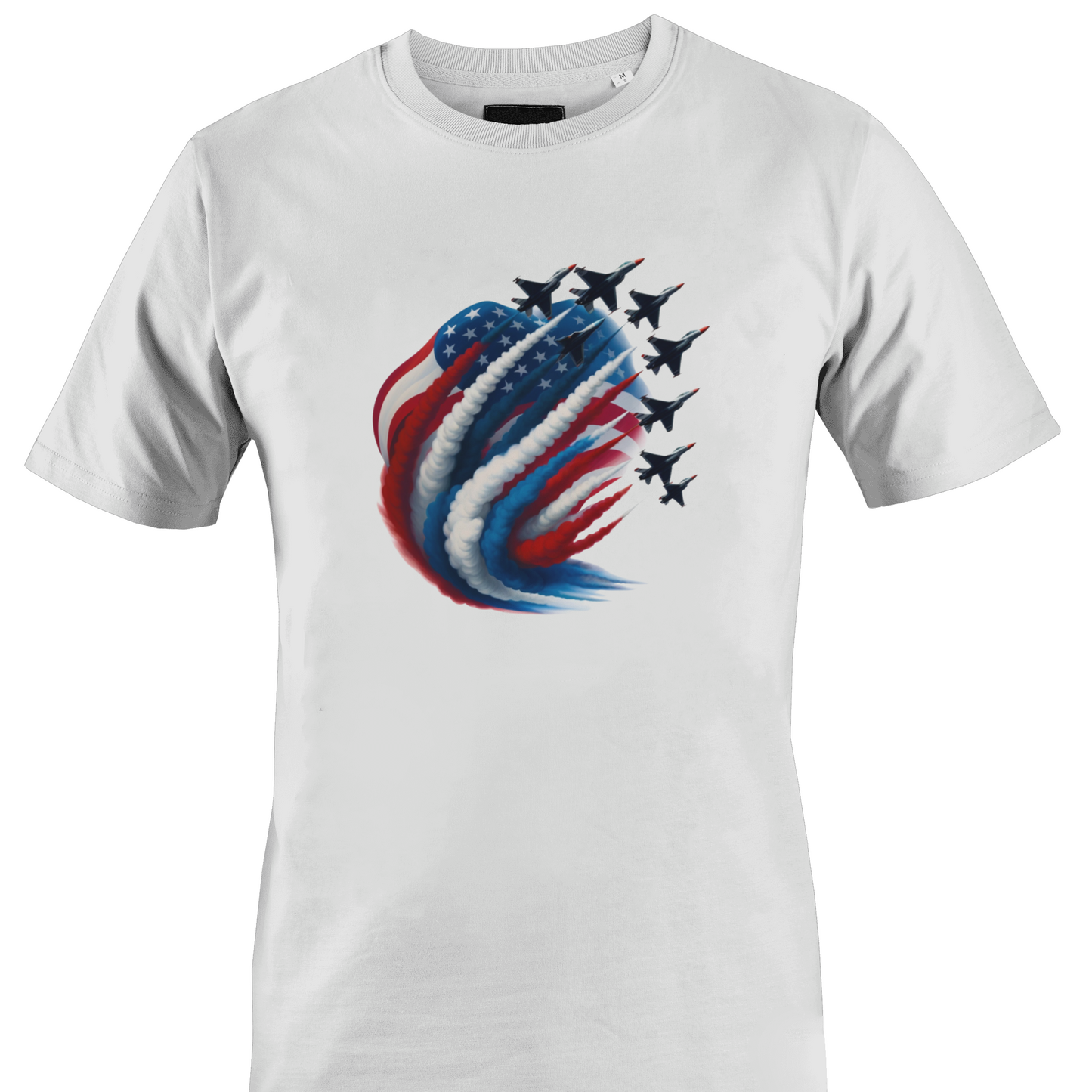 White t-shirt with a graphic design of an American flag and fighter jets 