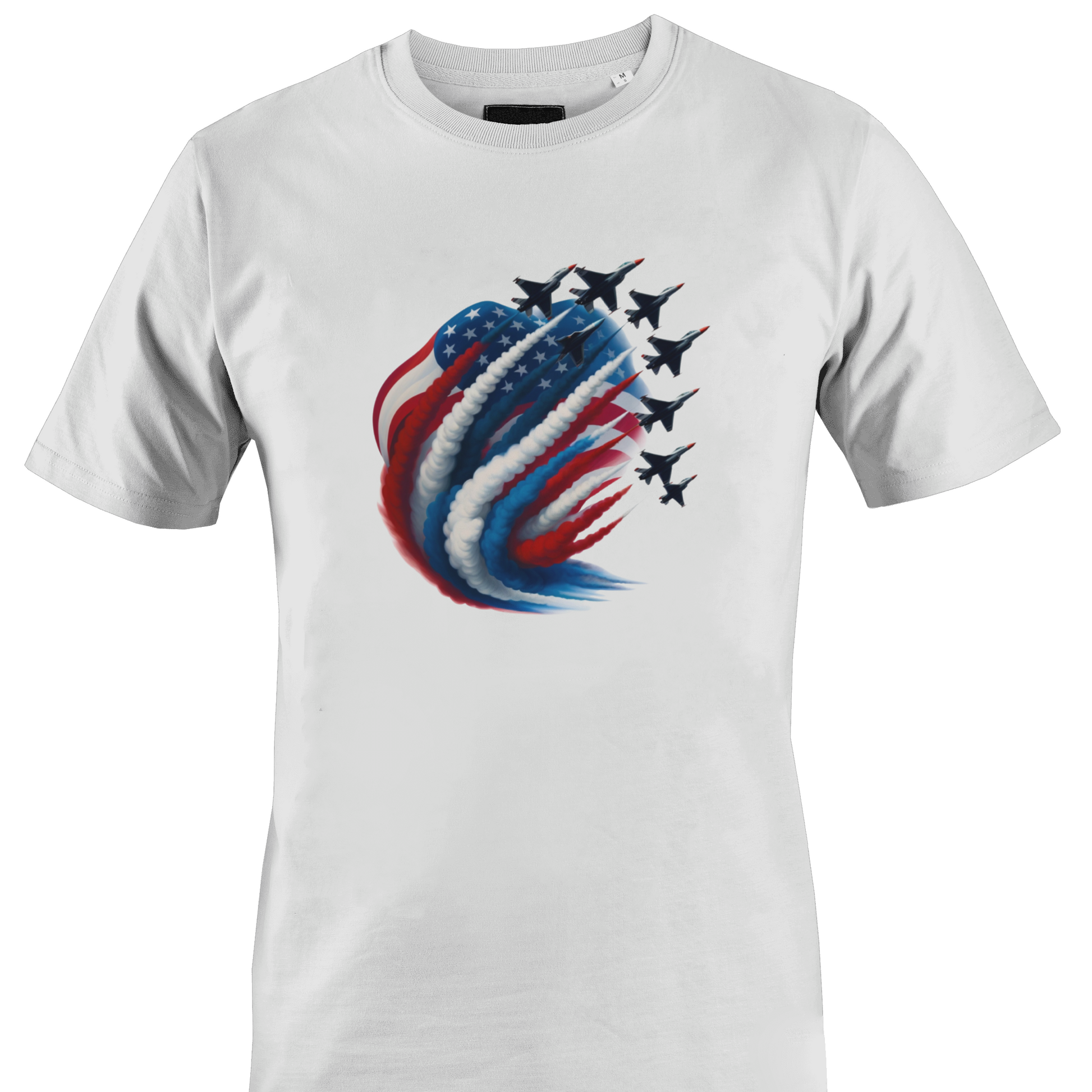 White t-shirt with a graphic design of an American flag and fighter jets 