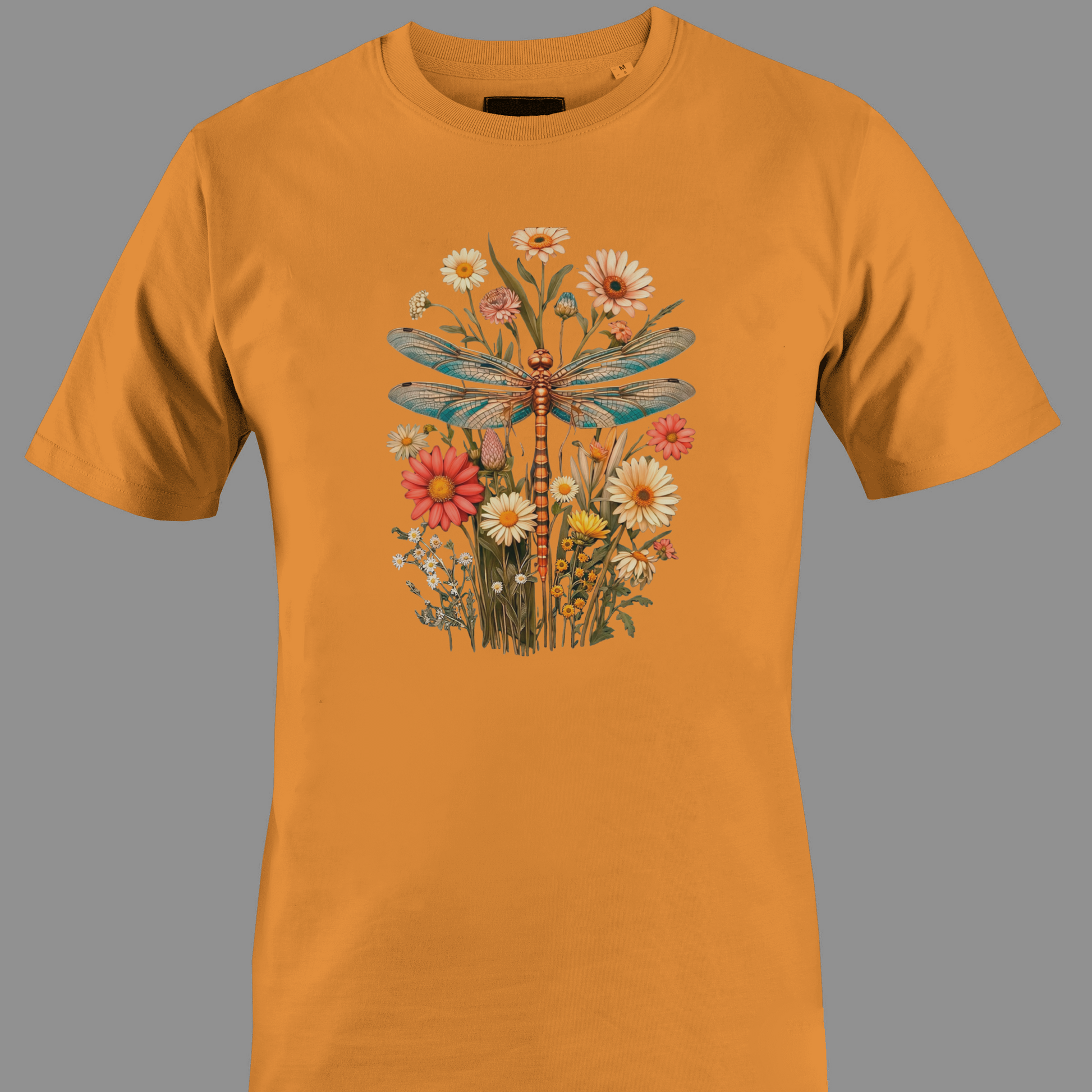 Orange t-shirt with a dragonfly and floral design