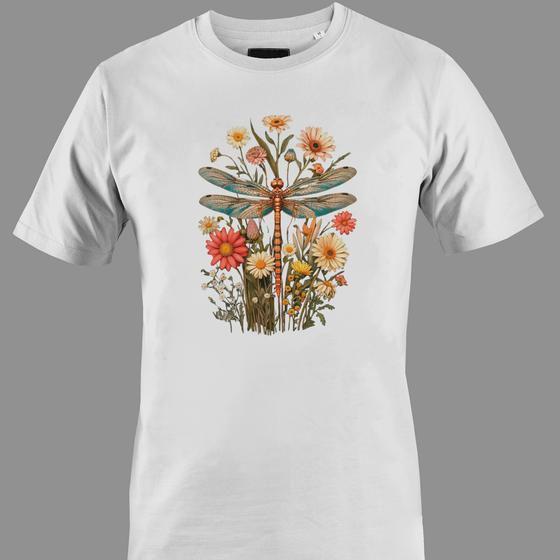 White t-shirt with a dragonfly and floral design