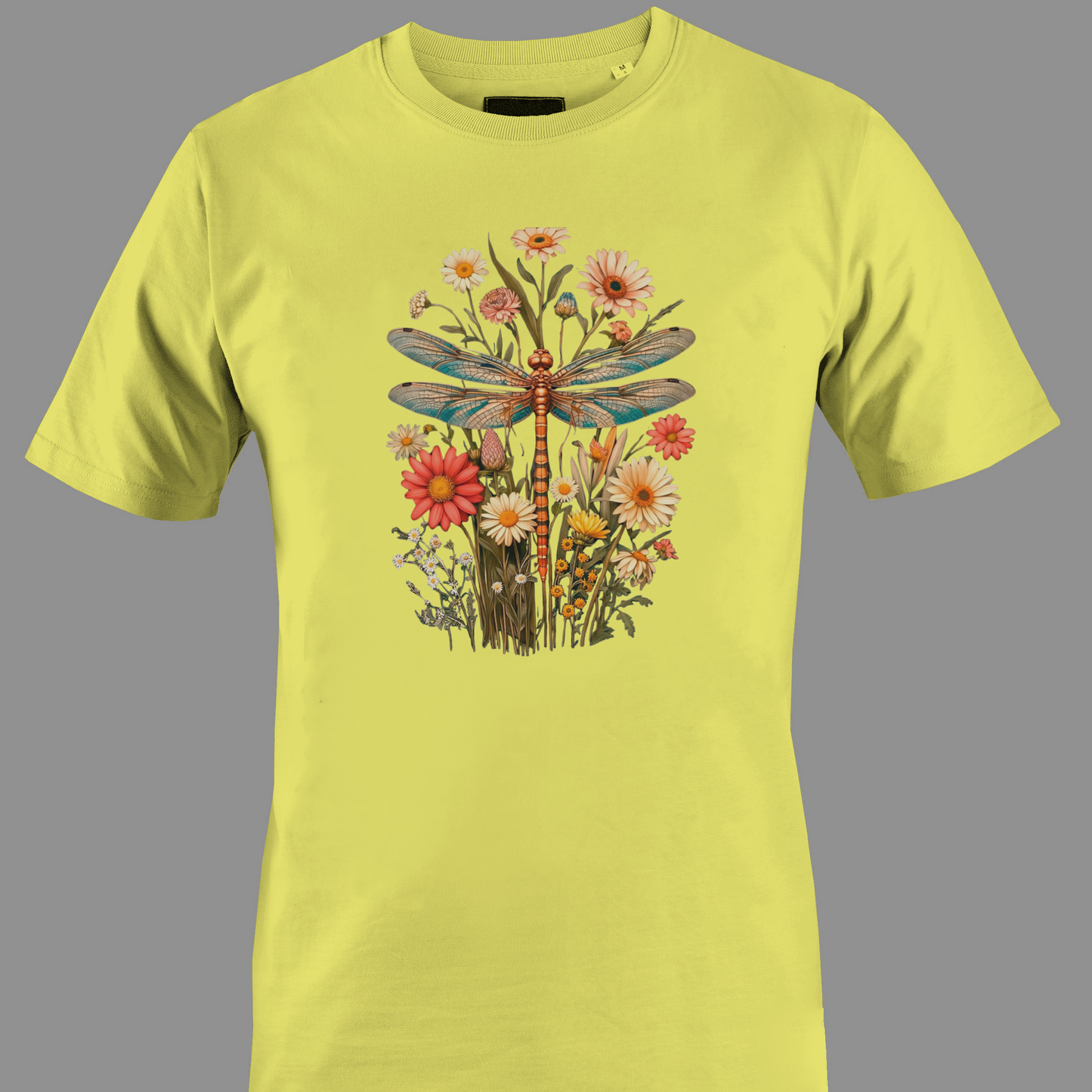 Yellow t-shirt with a dragonfly and floral design
