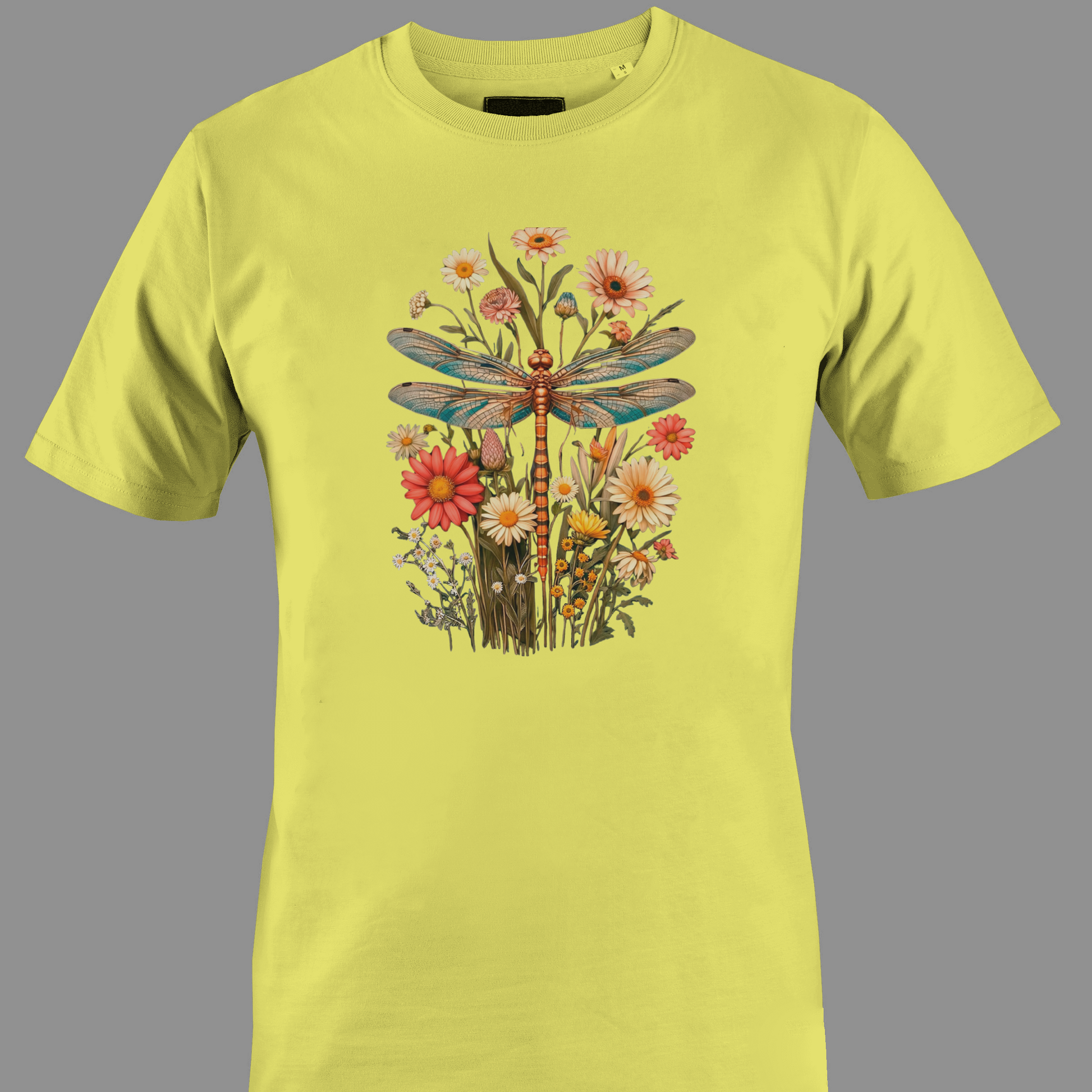 Yellow t-shirt with a dragonfly and floral design