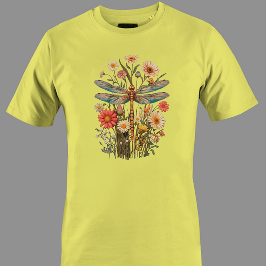 Yellow t-shirt with a dragonfly and floral design