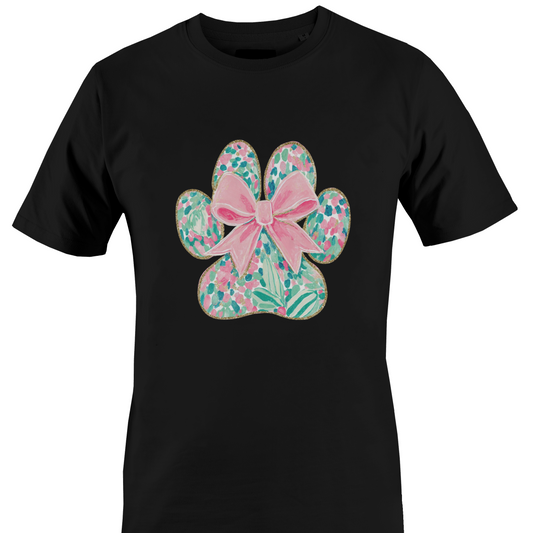 Black t-shirt with a floral paw print design featuring a pink bow 