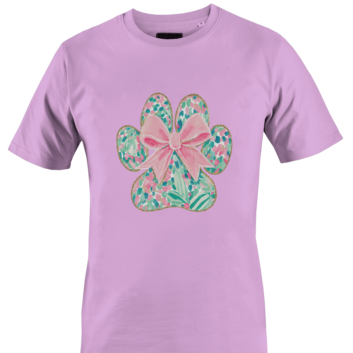 Light purple t-shirt with a floral paw print design featuring a pink bow 