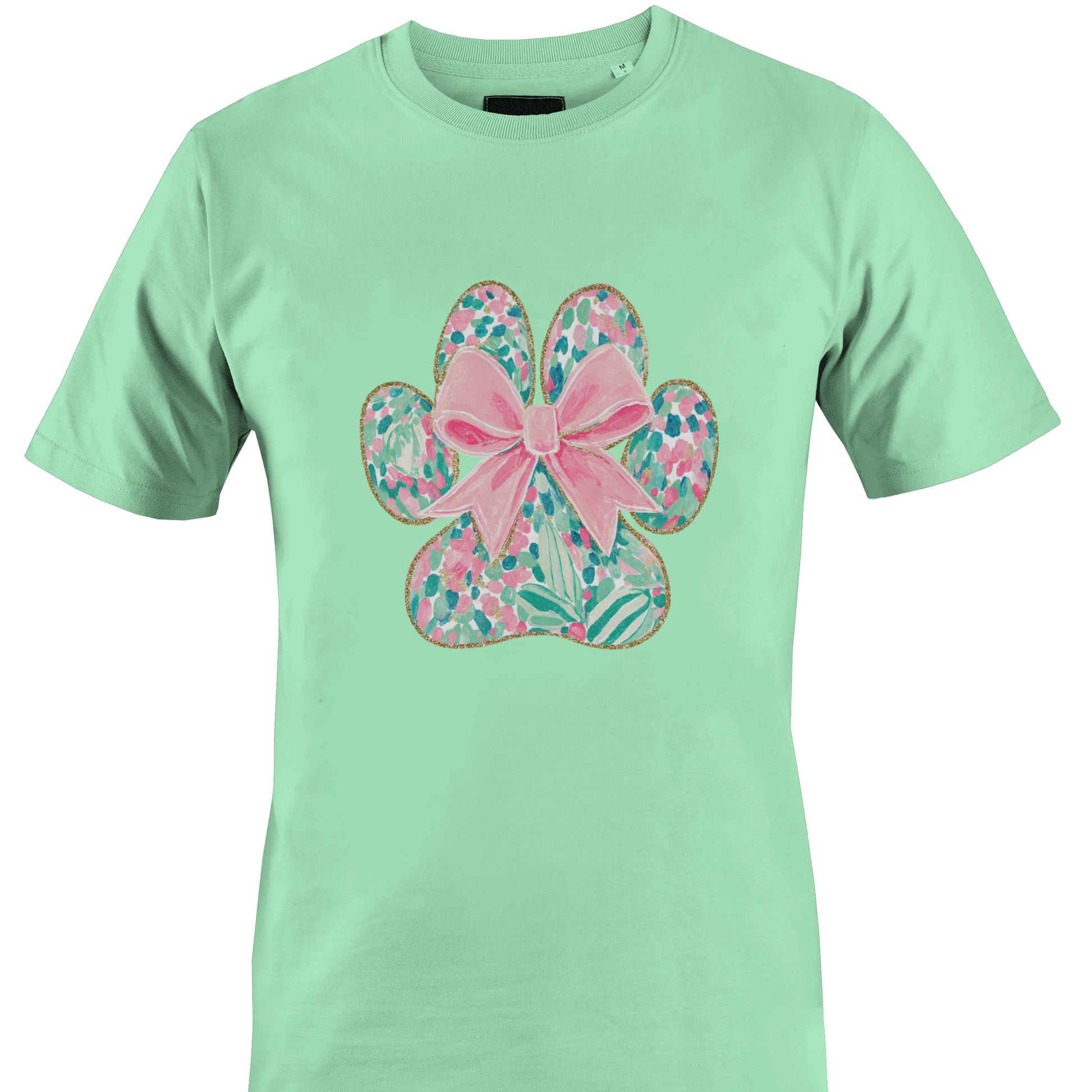 Mint green t-shirt with a floral paw print design featuring a pink bow 