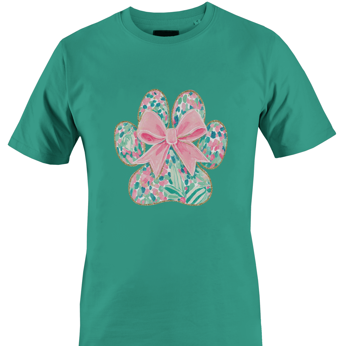 Teal t-shirt with a floral paw print design featuring a pink bow 