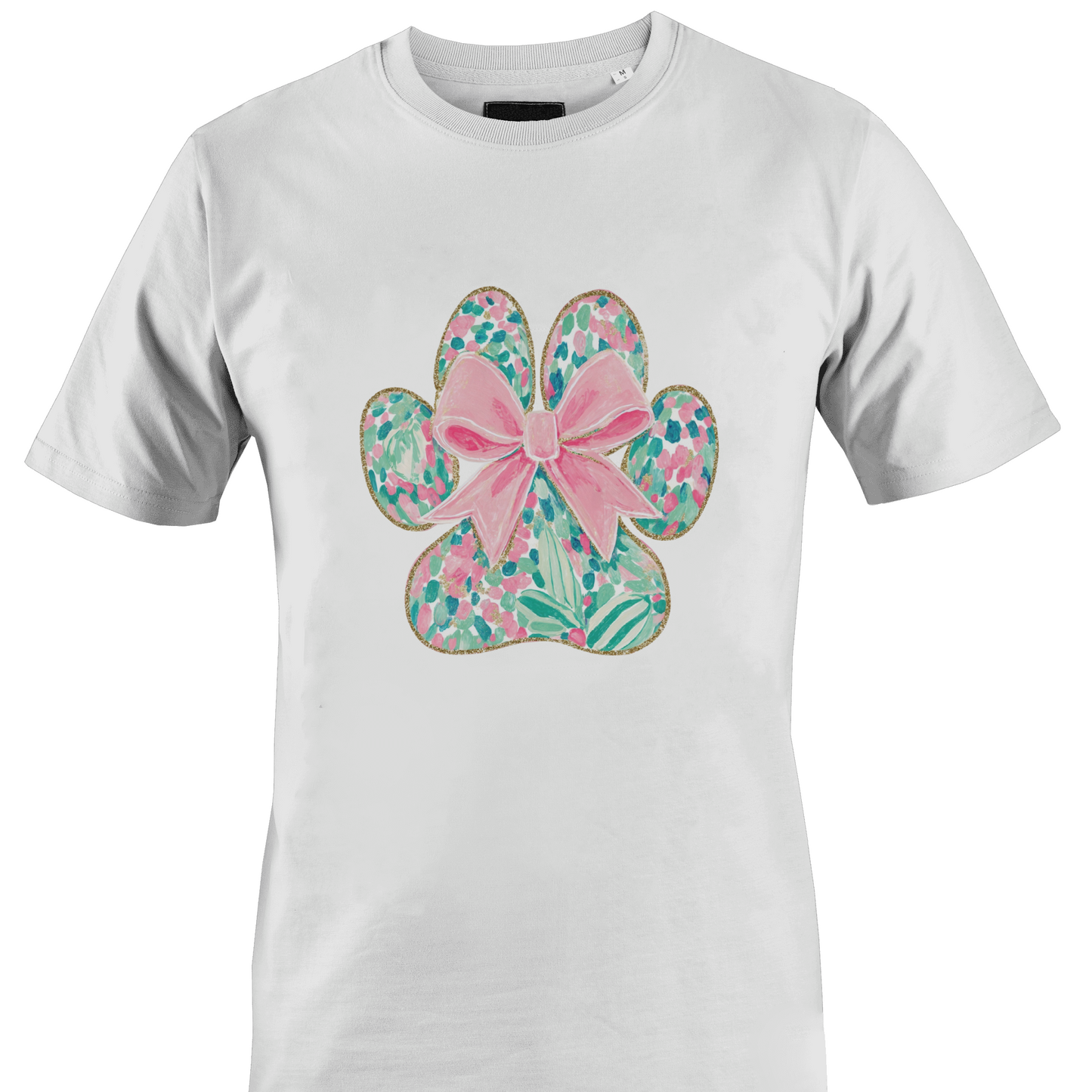 White t-shirt with a floral paw print design featuring a pink bow 