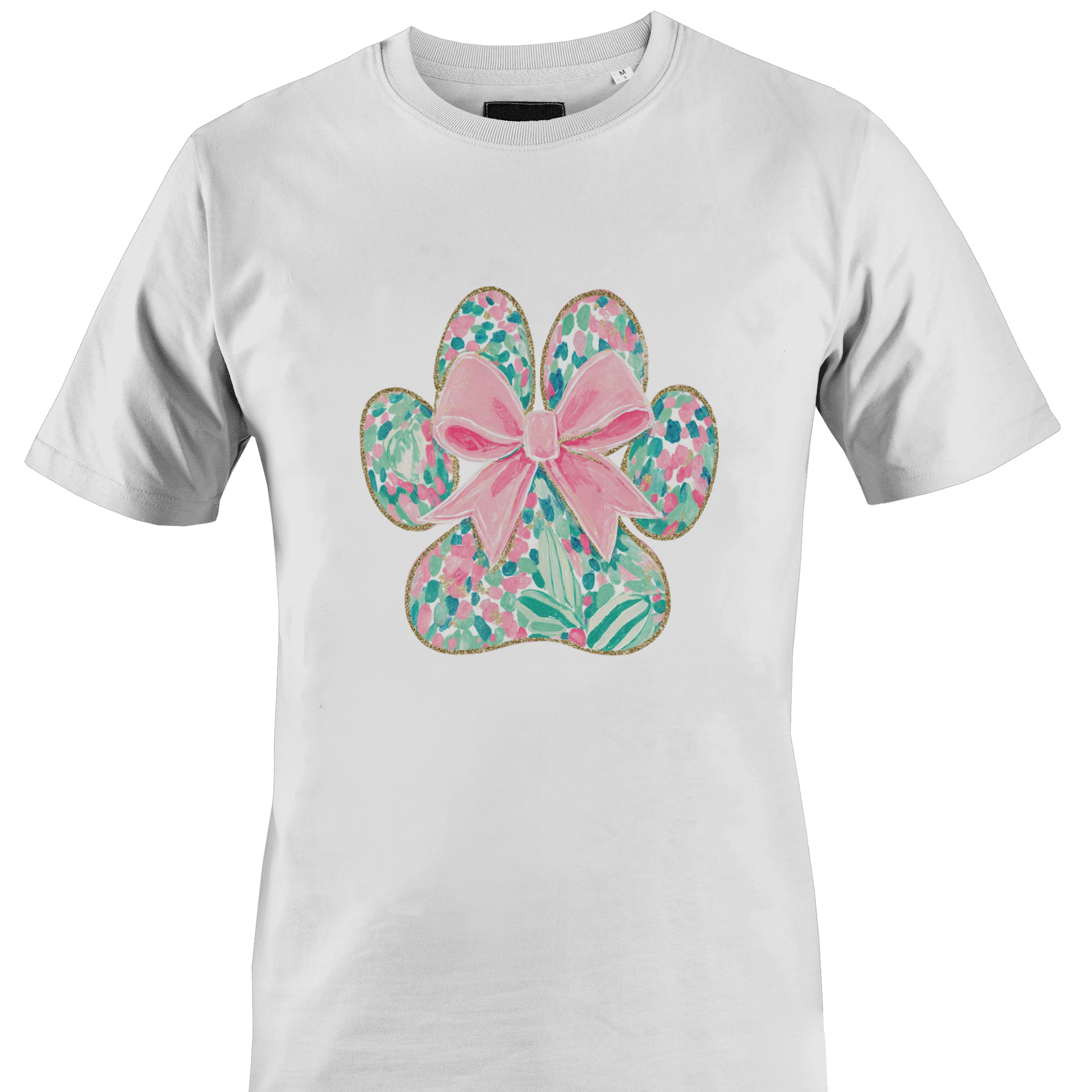 White t-shirt with a floral paw print design featuring a pink bow 