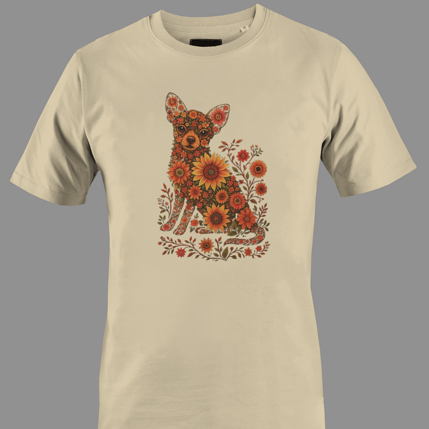 Beige t-shirt with a Chihuahua design made of flowers and leaves 