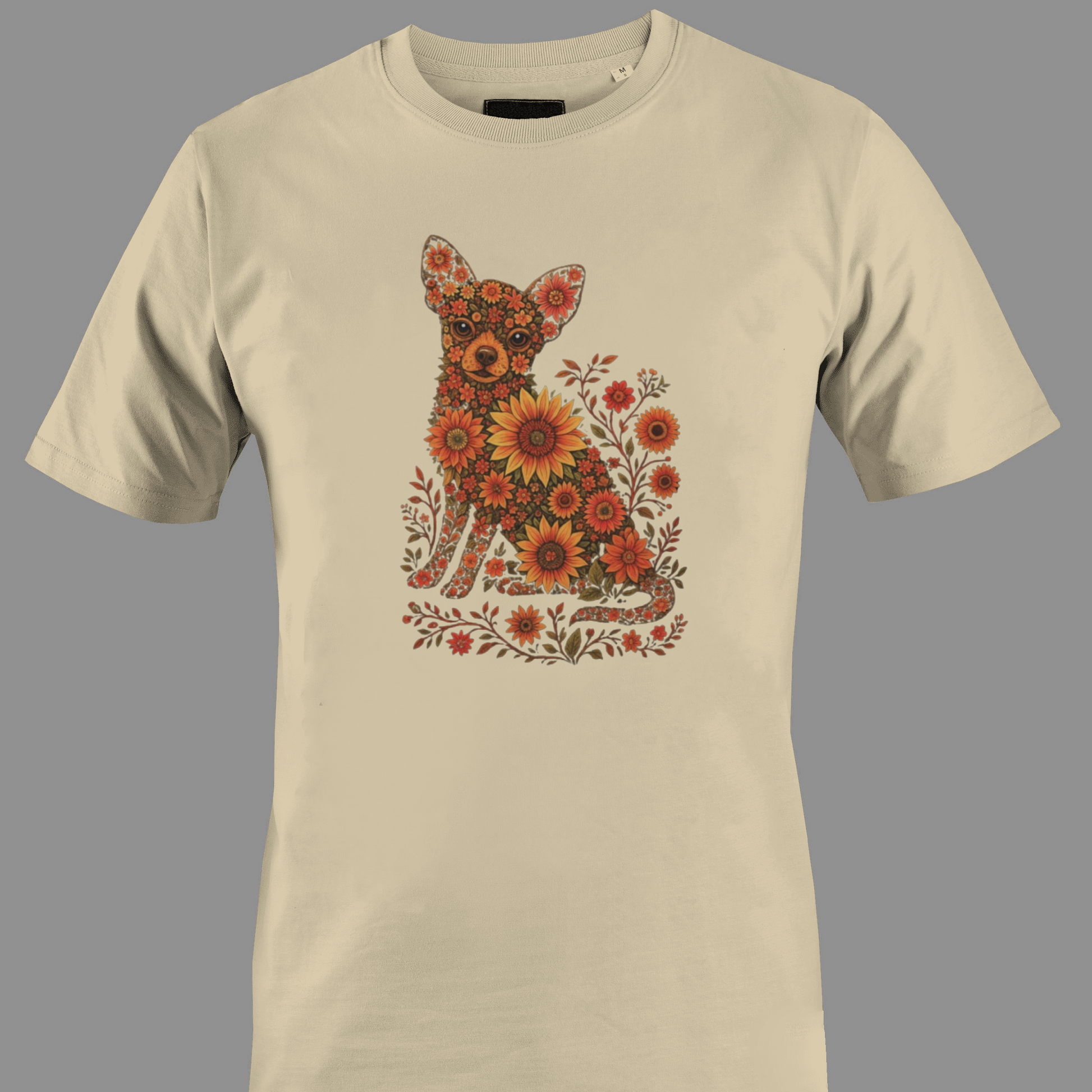Beige t-shirt with a Chihuahua design made of flowers and leaves 