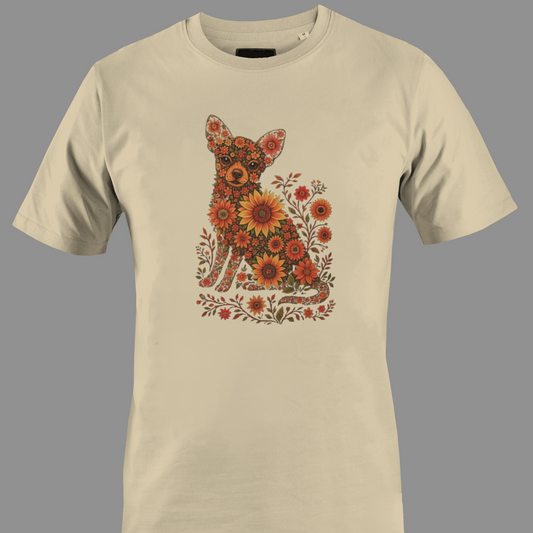 Beige t-shirt with a Chihuahua design made of flowers and leaves 