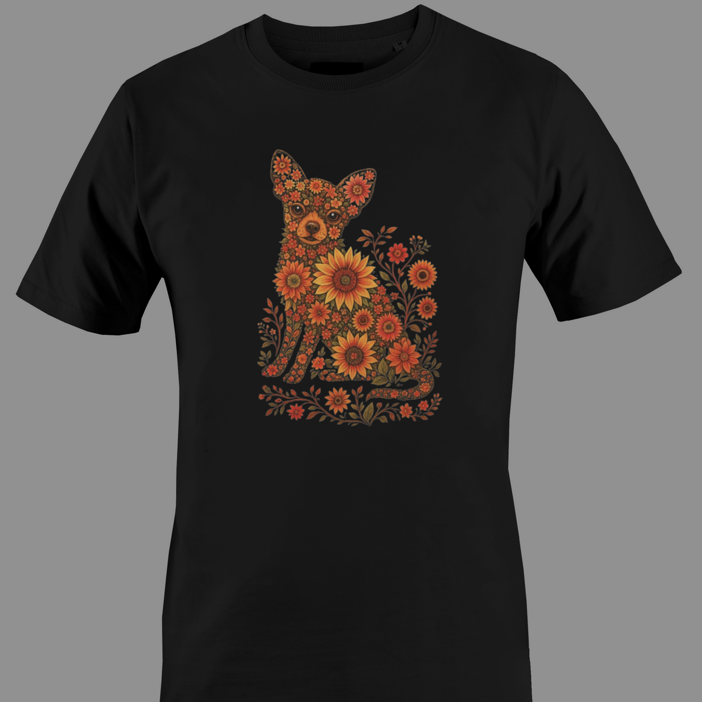 Black t-shirt with a Chihuahua design made of flowers and leaves 