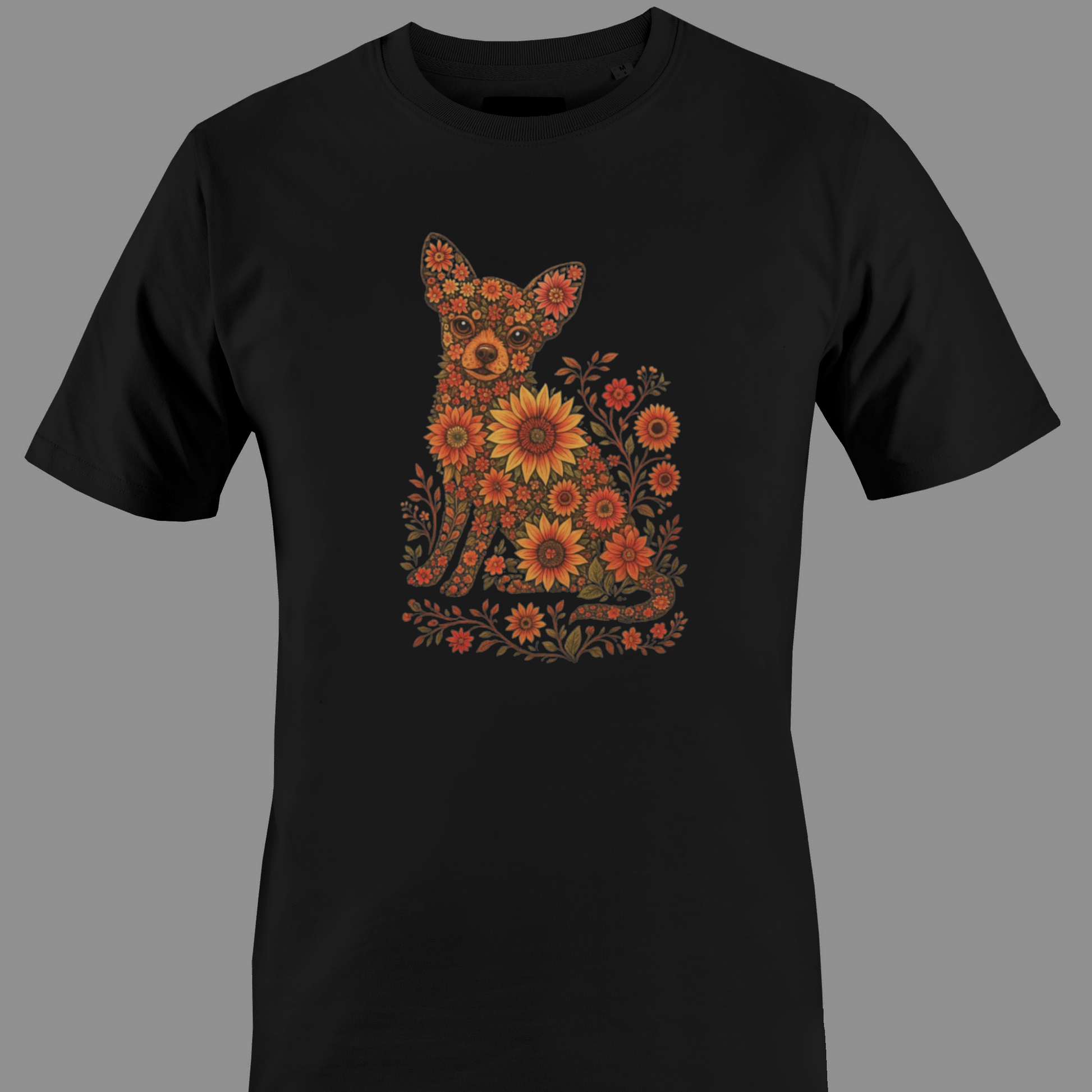 Black t-shirt with a Chihuahua design made of flowers and leaves 