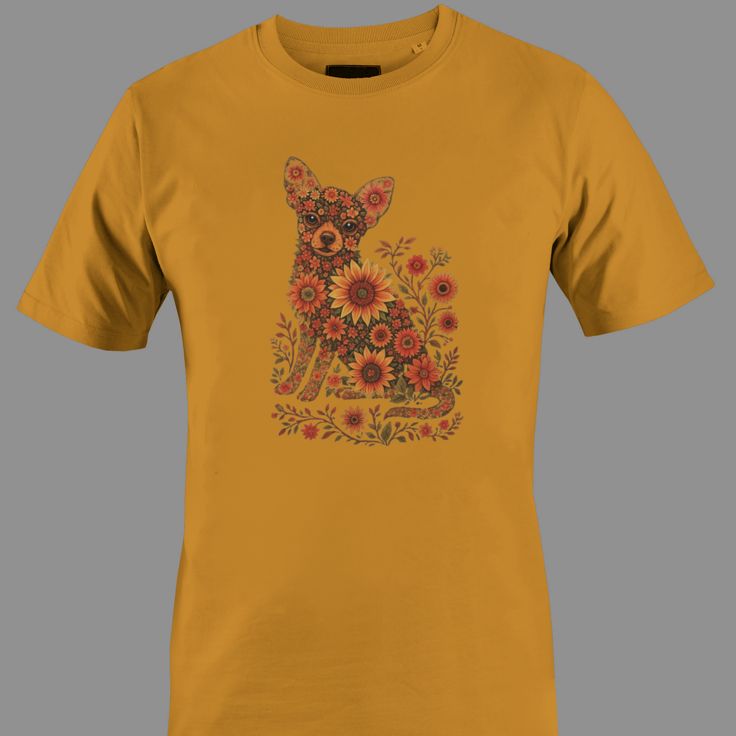 Dark orange t-shirt with a Chihuahua design made of flowers and leaves 
