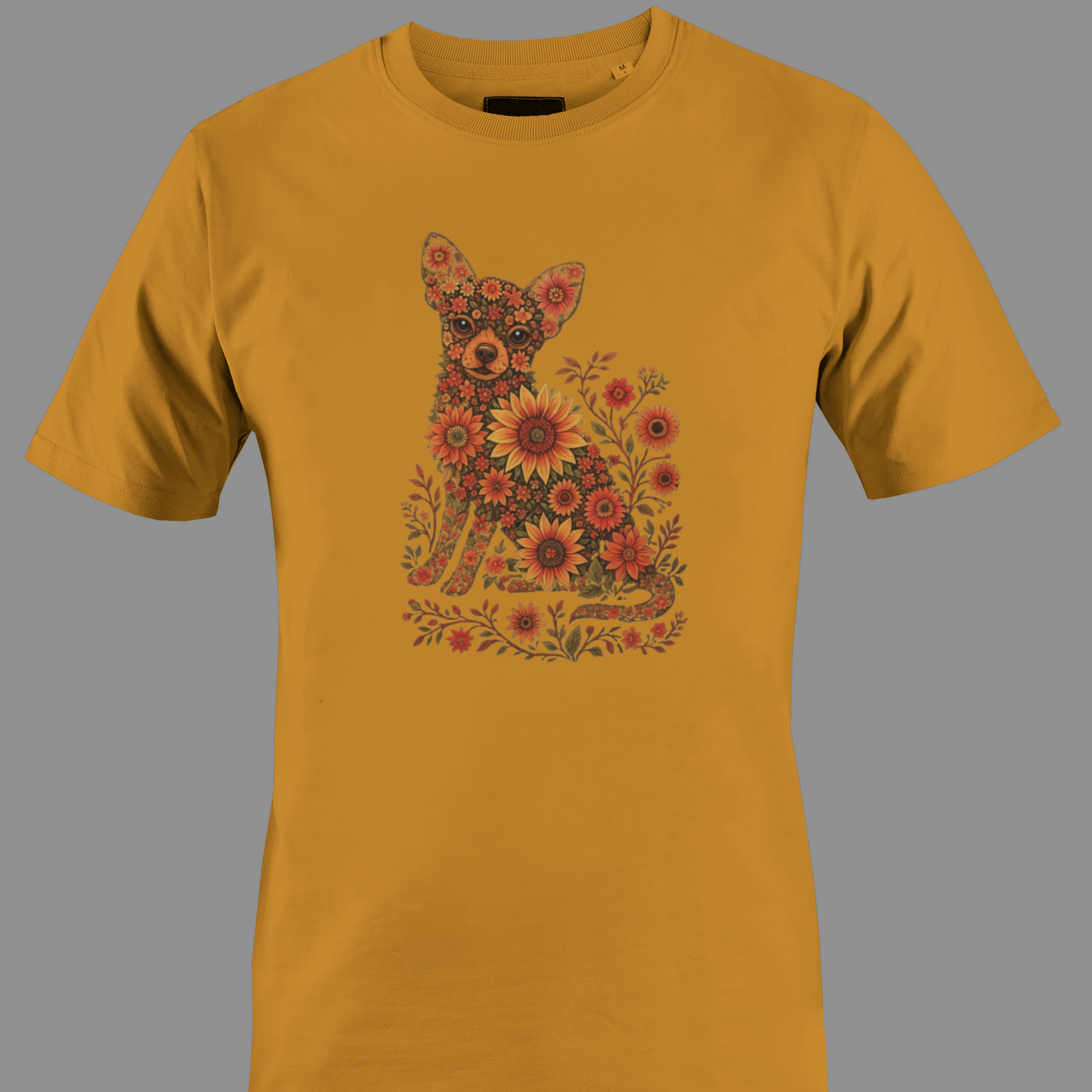 Dark orange t-shirt with a Chihuahua design made of flowers and leaves 