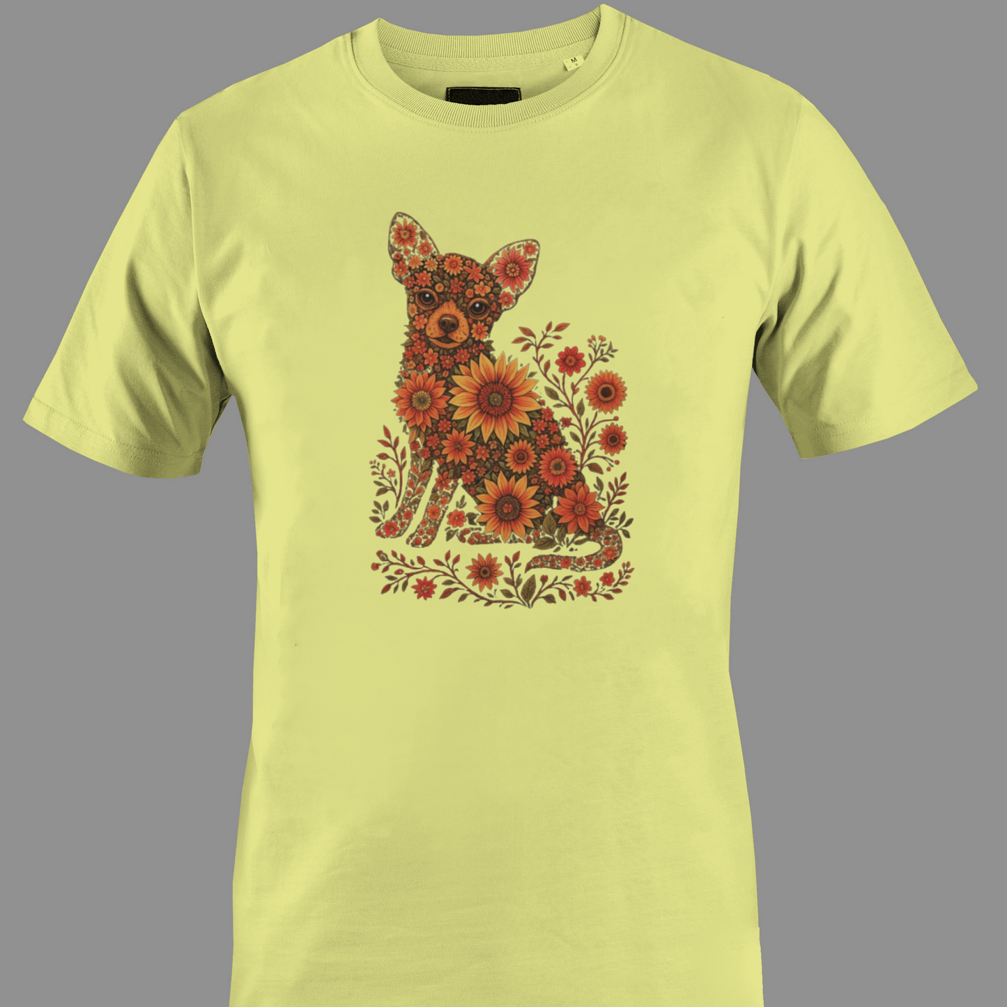 Light yellow t-shirt with a Chihuahua design made of flowers and leaves 