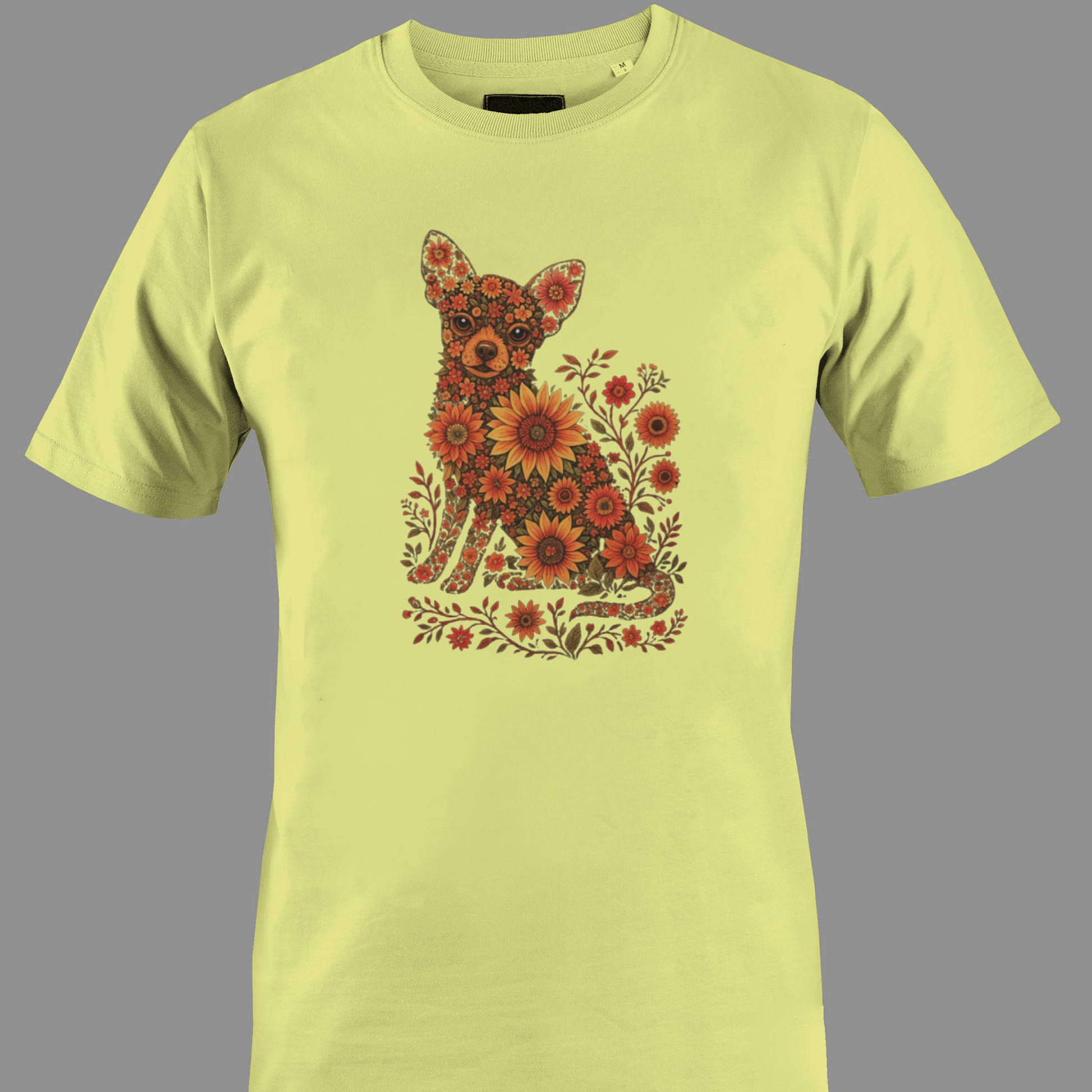 Light yellow t-shirt with a Chihuahua design made of flowers and leaves 