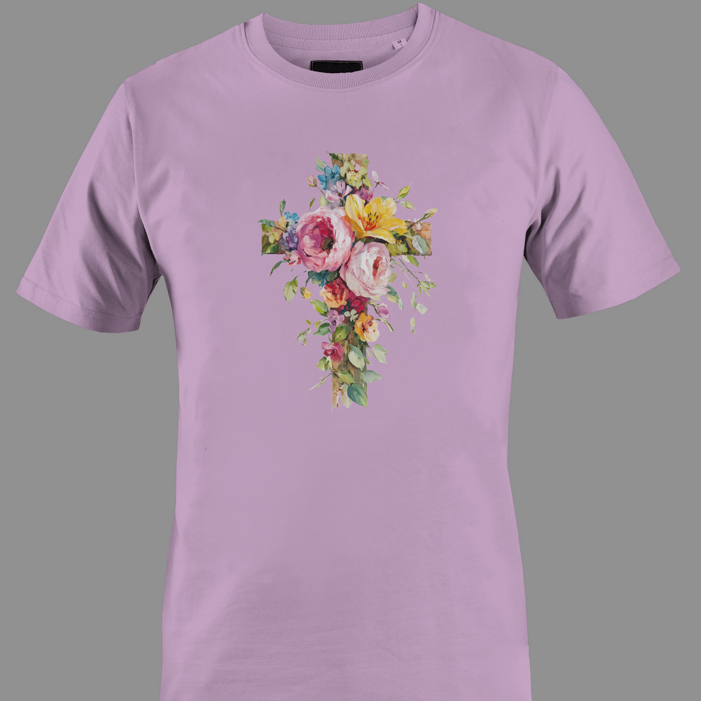 Light purple t-shirt with a colorful floral cross