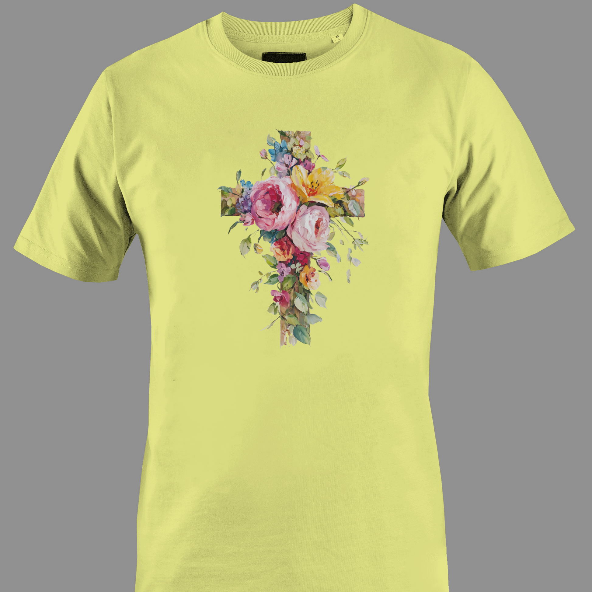 Yellow t-shirt with a colorful floral cross