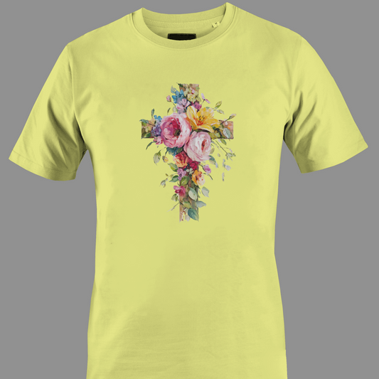 Yellow t-shirt with a colorful floral cross