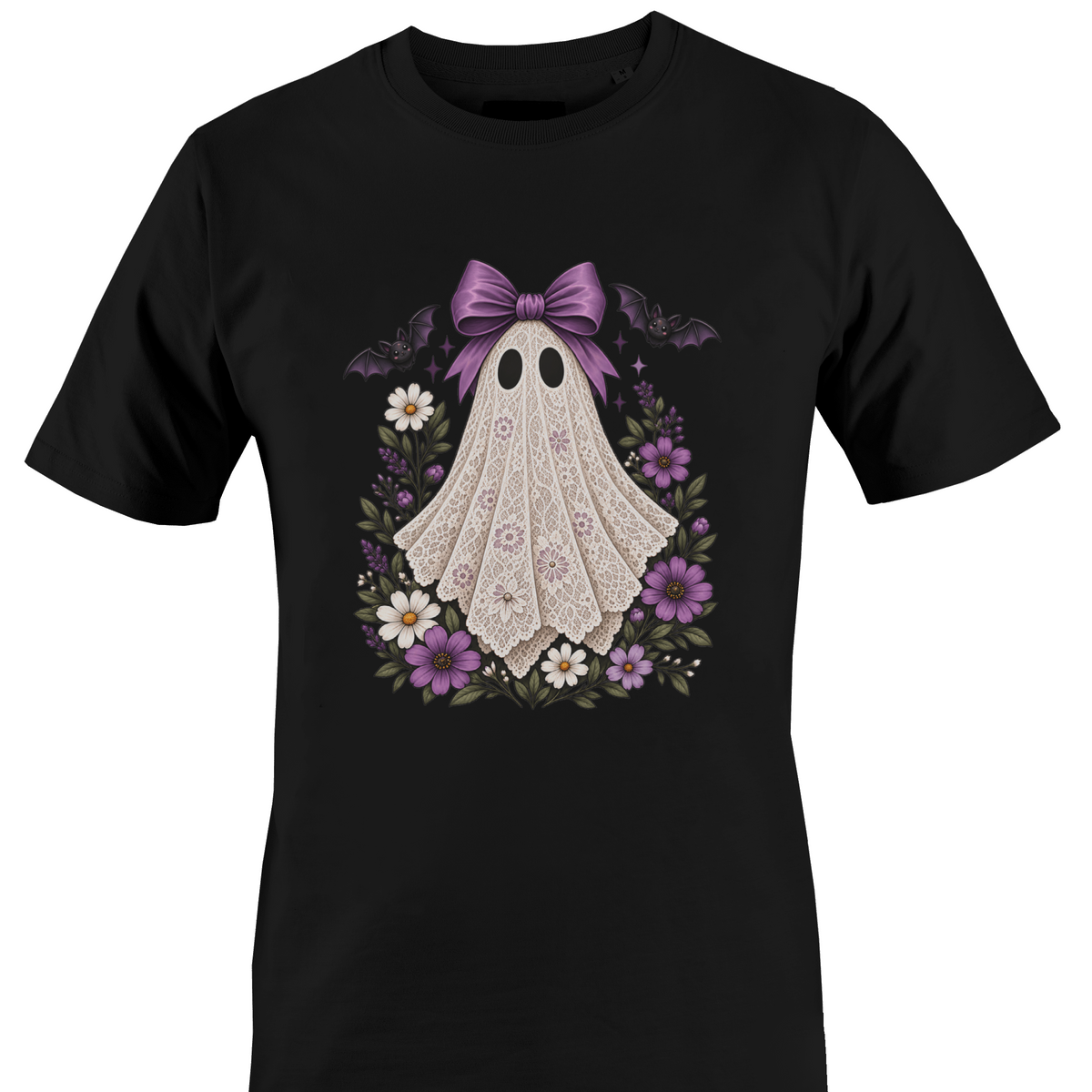 A black short-sleeve crewneck t-shirt featuring a graphic of a cute ghost draped in white lace, wearing a purple bow, and surrounded by purple and white flowers by Monkey's Creations.