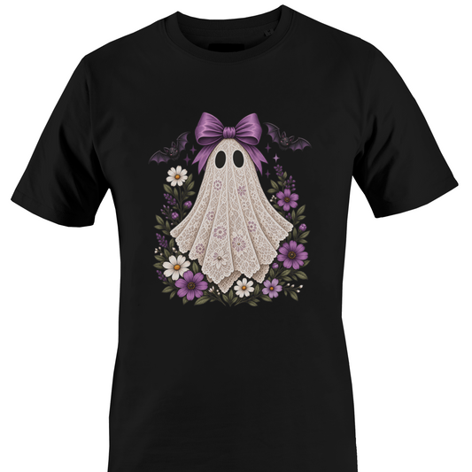 A black short-sleeve crewneck t-shirt featuring a graphic of a cute ghost draped in white lace, wearing a purple bow, and surrounded by purple and white flowers by Monkey's Creations.