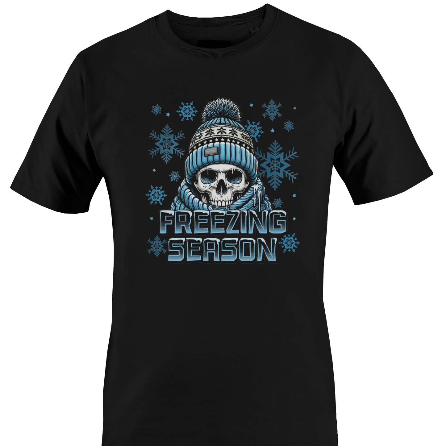 Black t-shirt with a skull wearing a hat and scarf and the text "freezing season" by Monkey's Creations.