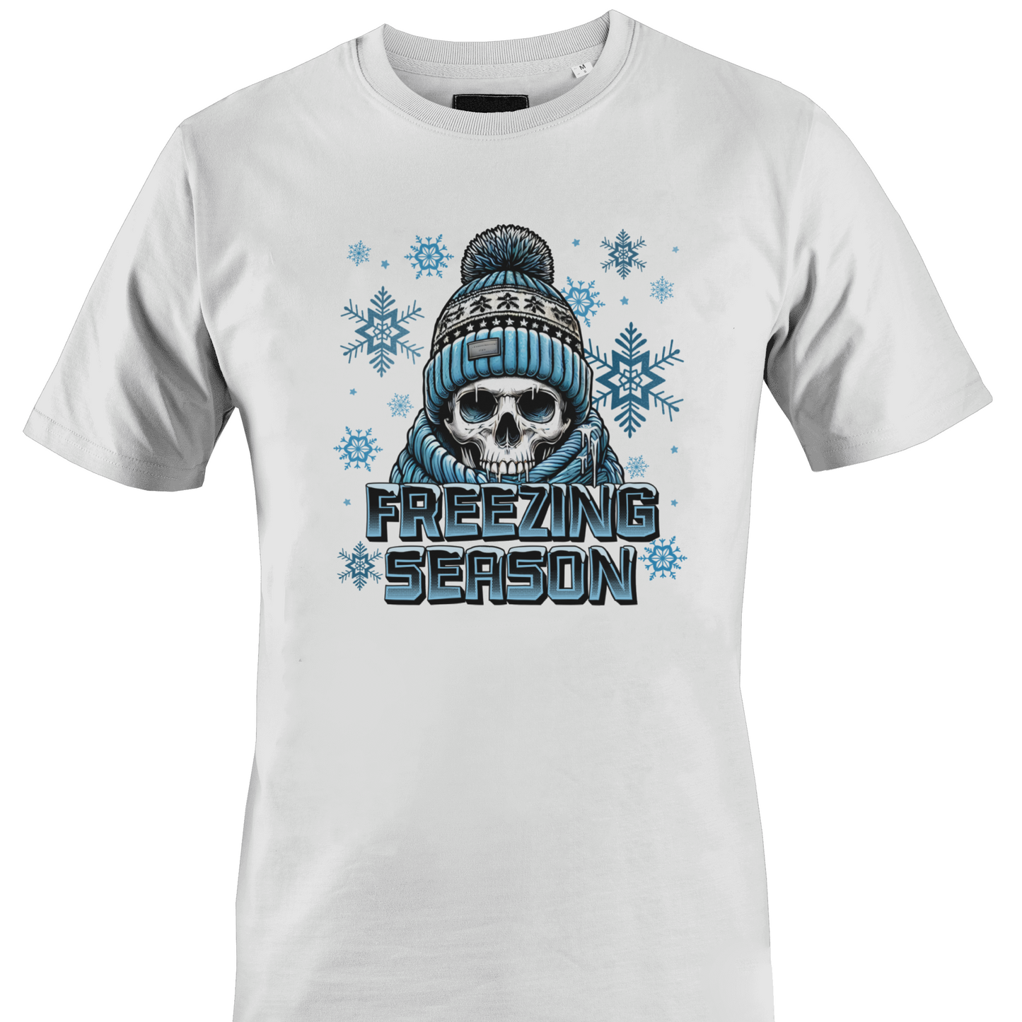 White t-shirt with a skull wearing a hat and scarf and the text "freexzng season" by Monkey's Creations.