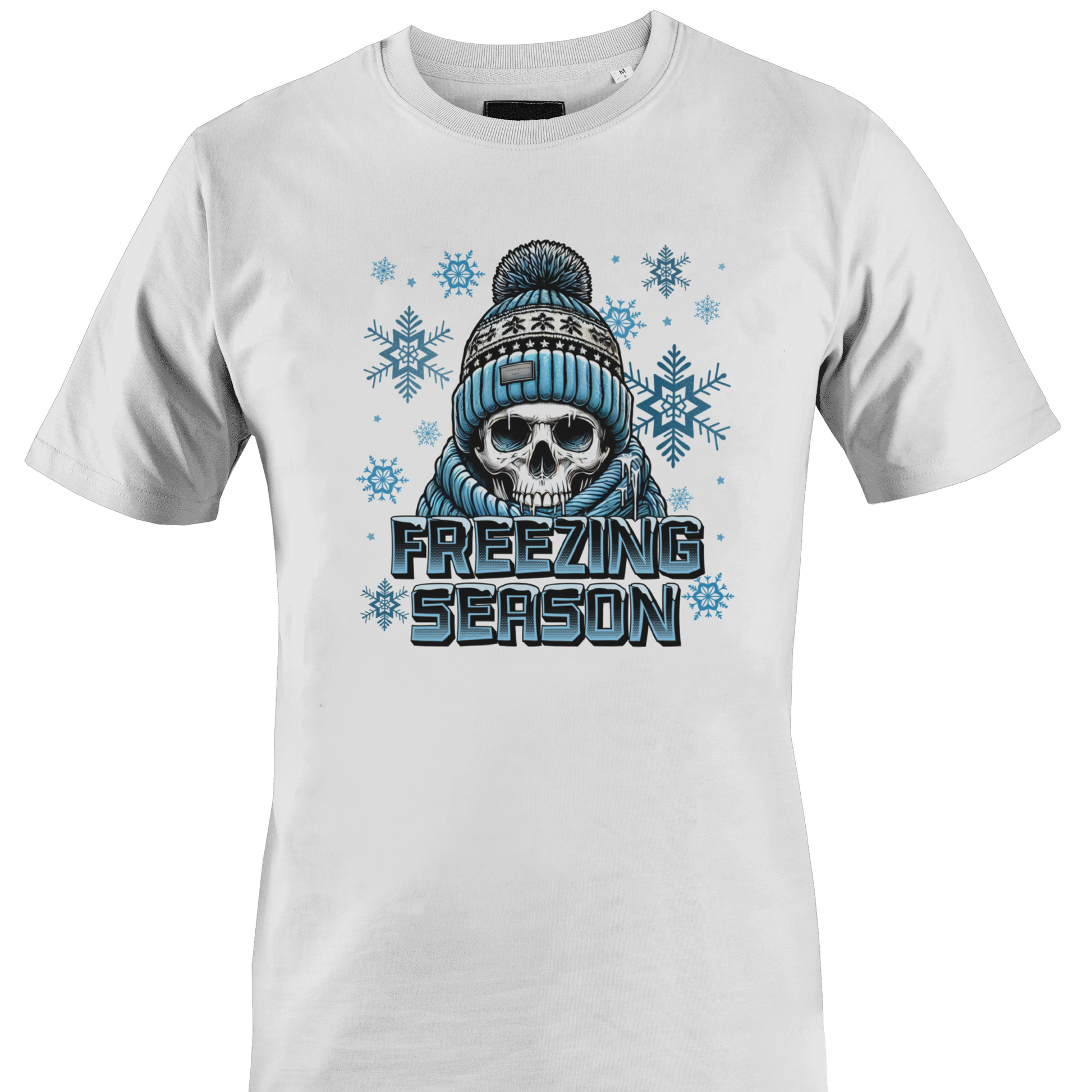 White t-shirt with a skull wearing a hat and scarf and the text "freexzng season" by Monkey's Creations.