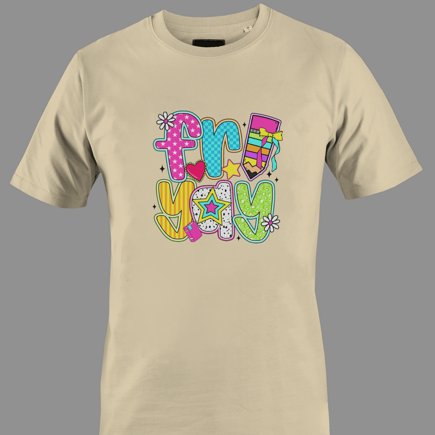 Beige t-shirt with colorful text "fri yay"