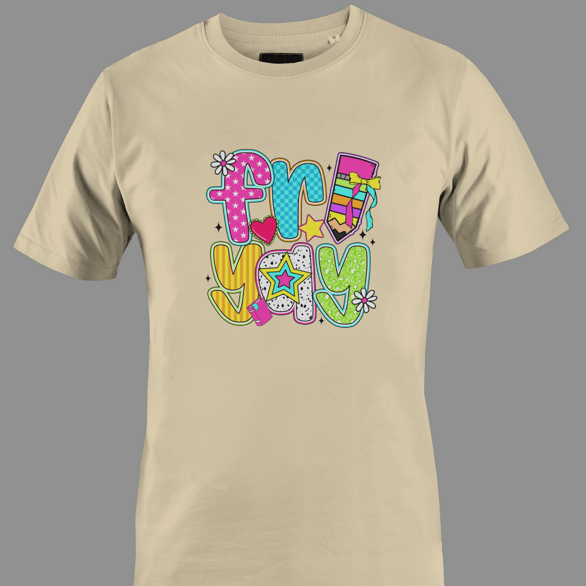 Beige t-shirt with colorful text "fri yay"