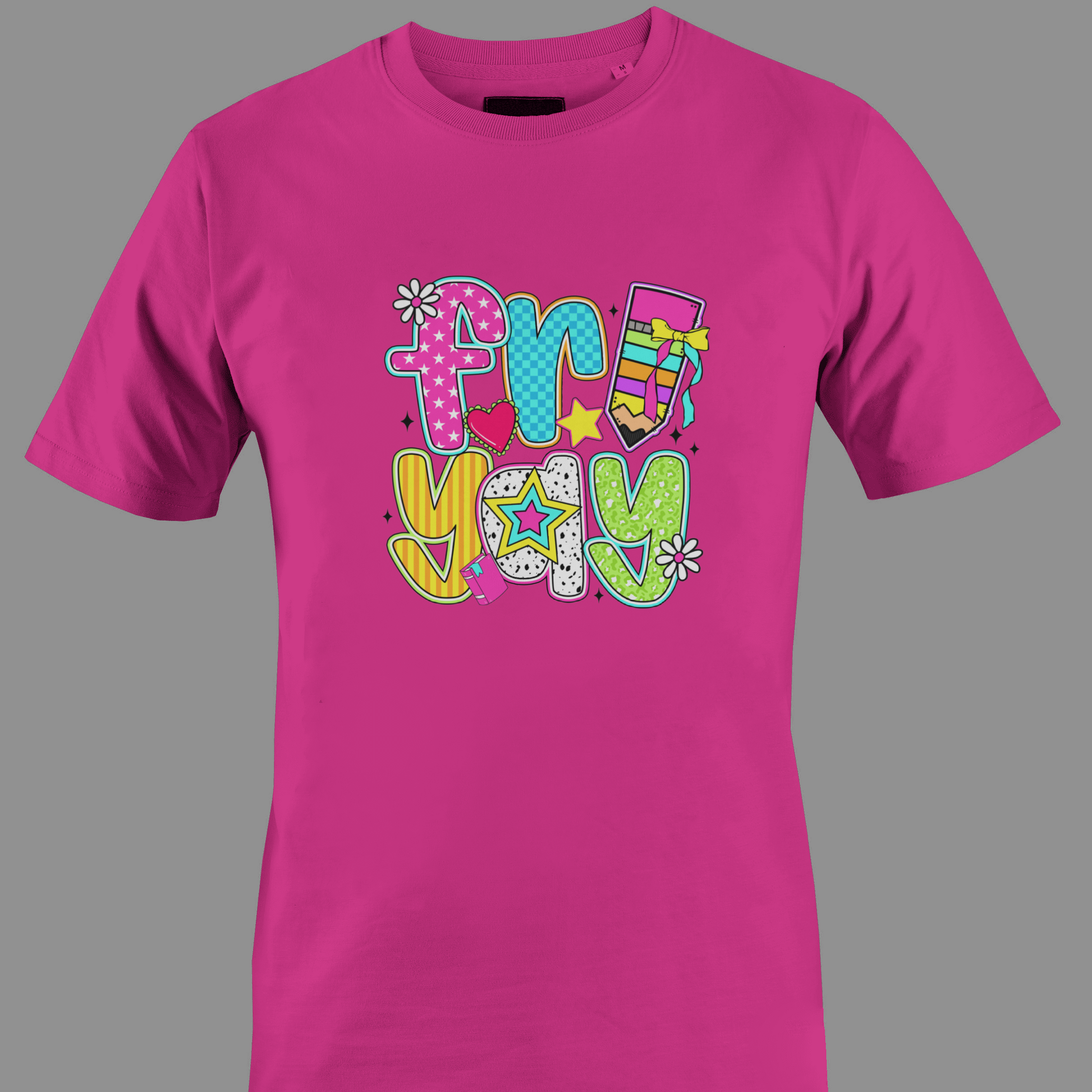Dark pink t-shirt with colorful text "fri yay"