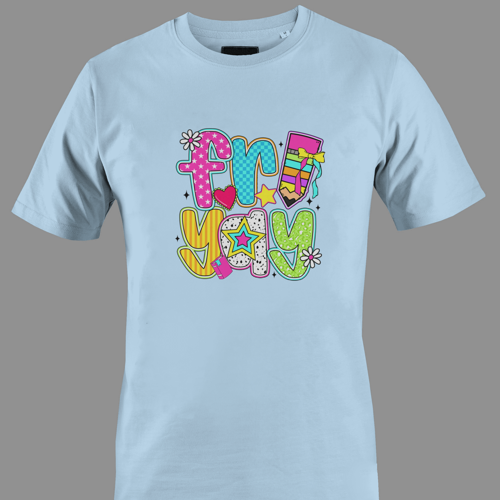 Light blue t-shirt with colorful text "fri yay"