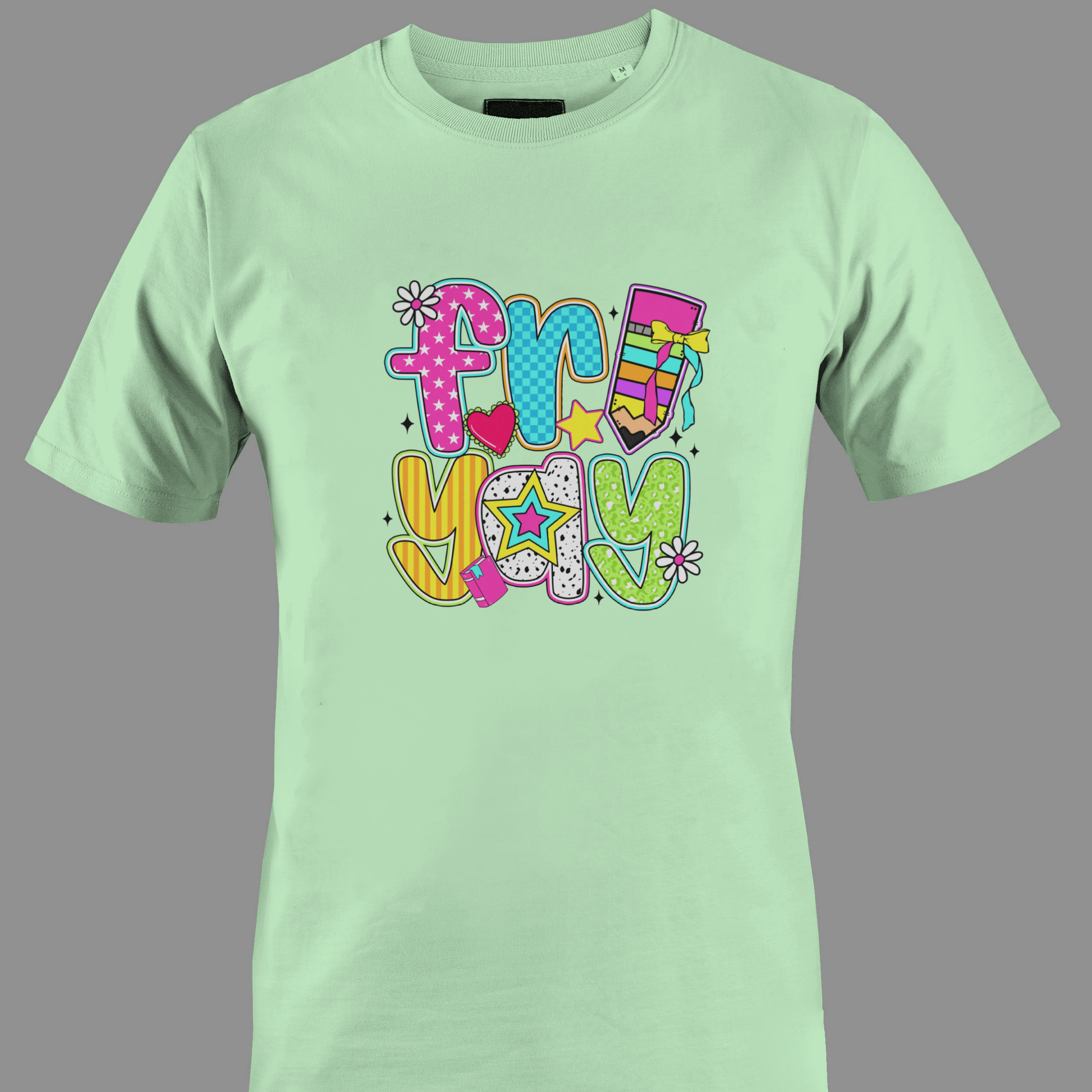 Light green t-shirt with colorful text "fri yay"