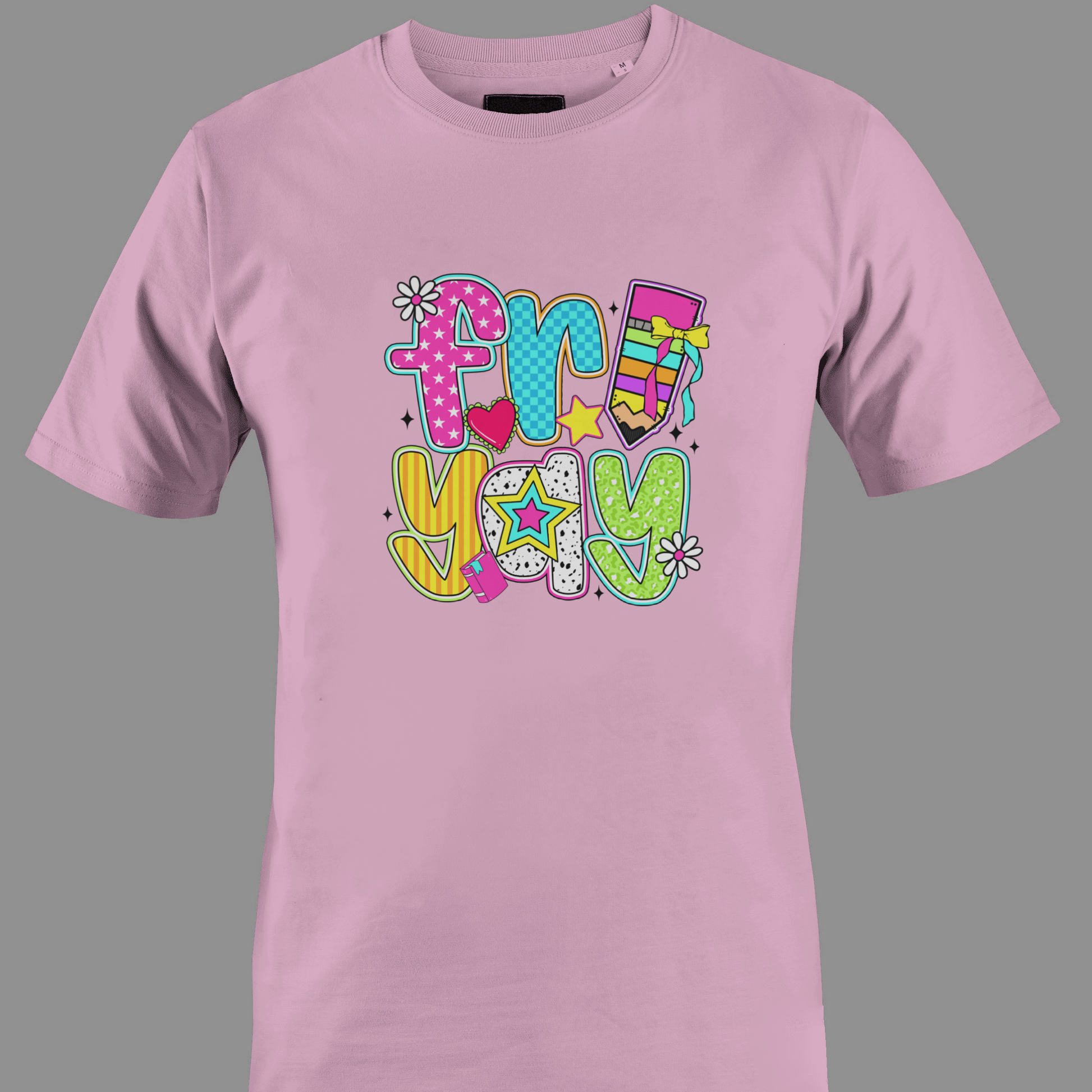 Light pink t-shirt with colorful text "fri yay"