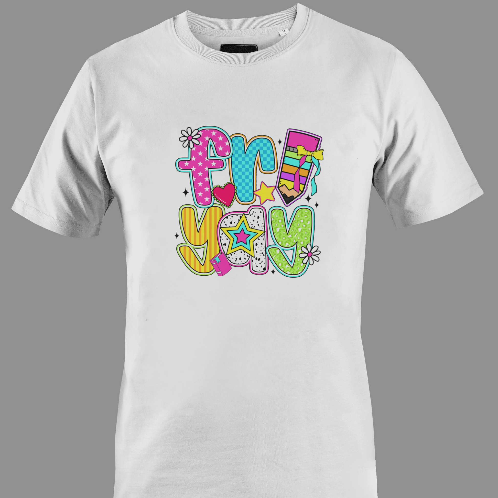 White t-shirt with colorful text "fri yay"
