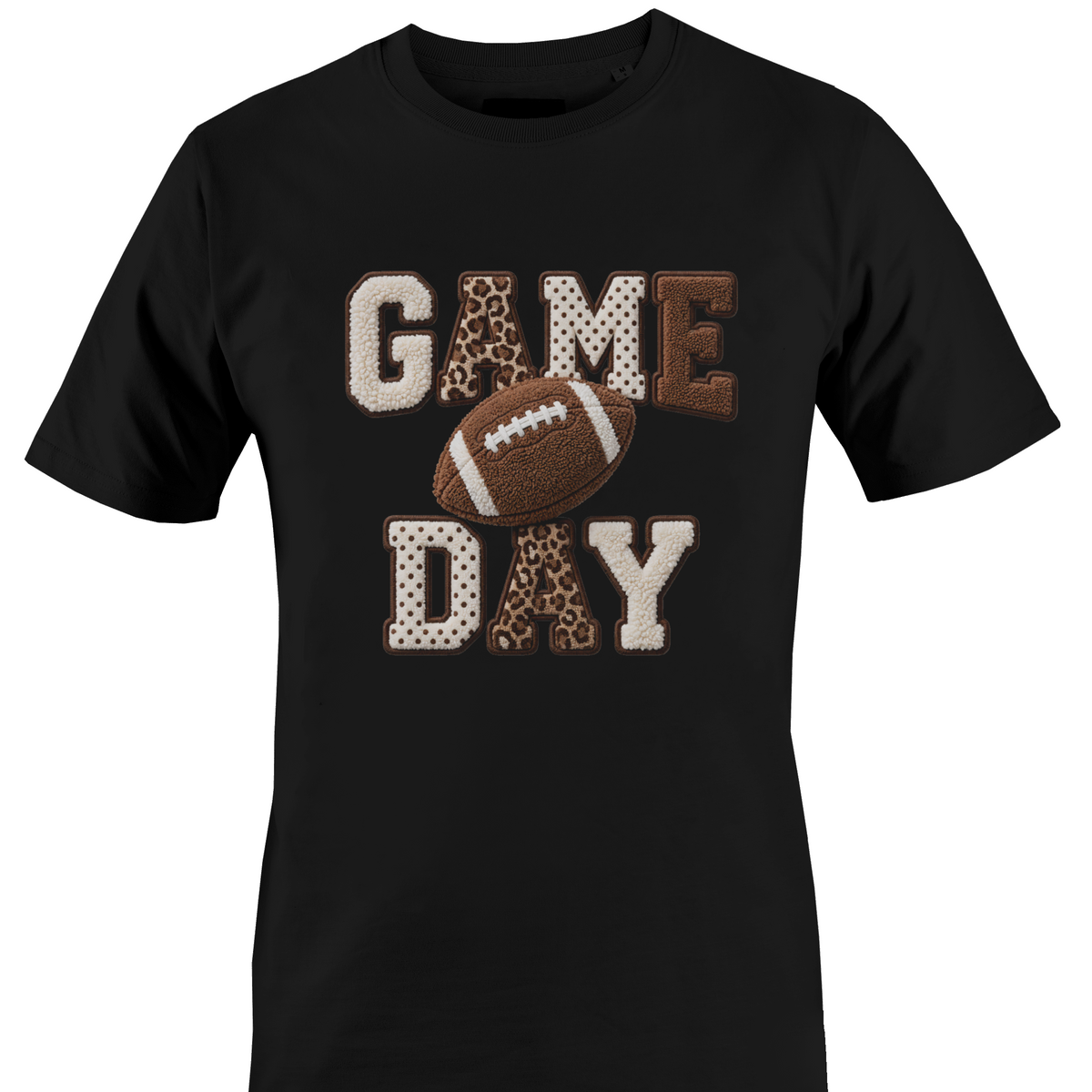 Black t-shirt by Monkey's Creations featuring a football and "game day".