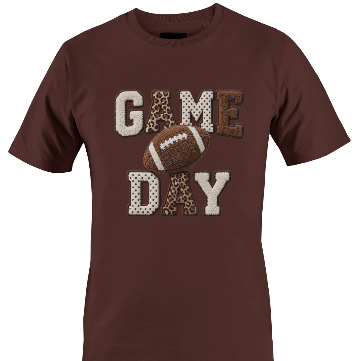 Brown t-shirt by Monkey's Creations featuring a football and "game day".