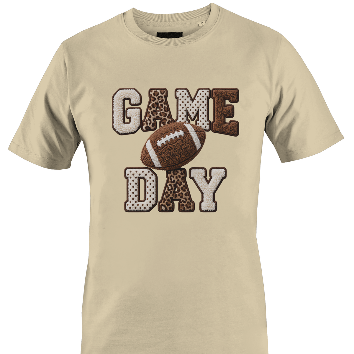 Tan t-shirt by Monkey's Creations featuring a football and "game day".