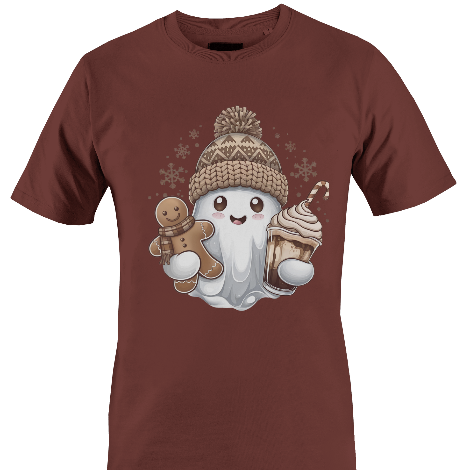 Brown t-shirt with a ghost wearing a hat, snowflakes, a gingerbread cookie and a sweet treat by Monkey's Creations. 
