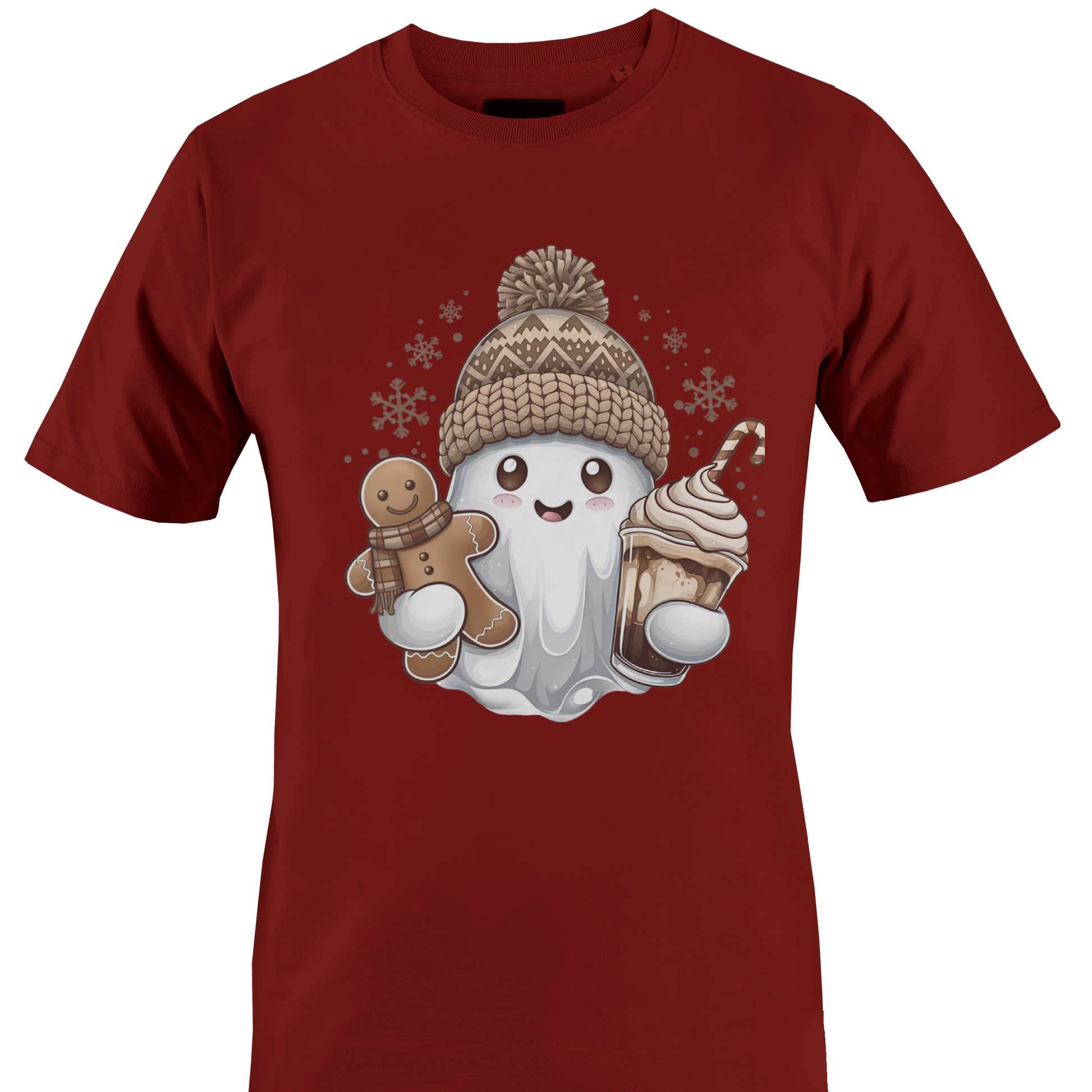 Dark red t-shirt with a ghost wearing a hat, snowflakes, a gingerbread cookie and a sweet treat by Monkey's Creations. 