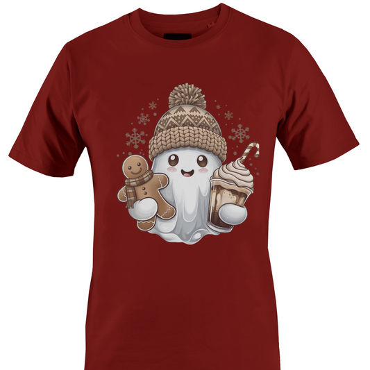 Dark red t-shirt with a ghost wearing a hat, snowflakes, a gingerbread cookie and a sweet treat by Monkey's Creations. 